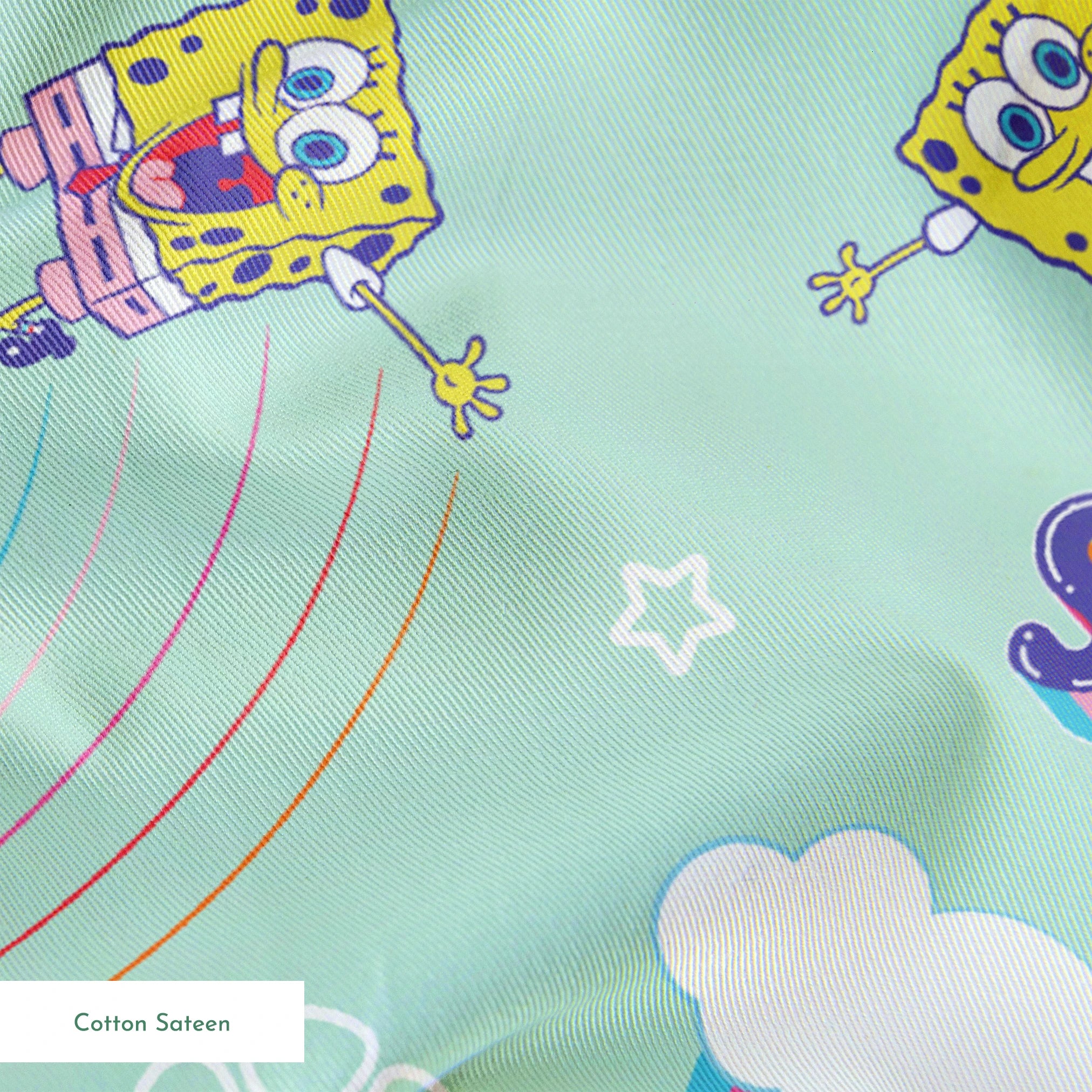 SpongeBob flying over rainbows with clouds, stars, and floral icons on a mint green background in a cheerful cartoon-style Nickelodeon design springs sateen texture