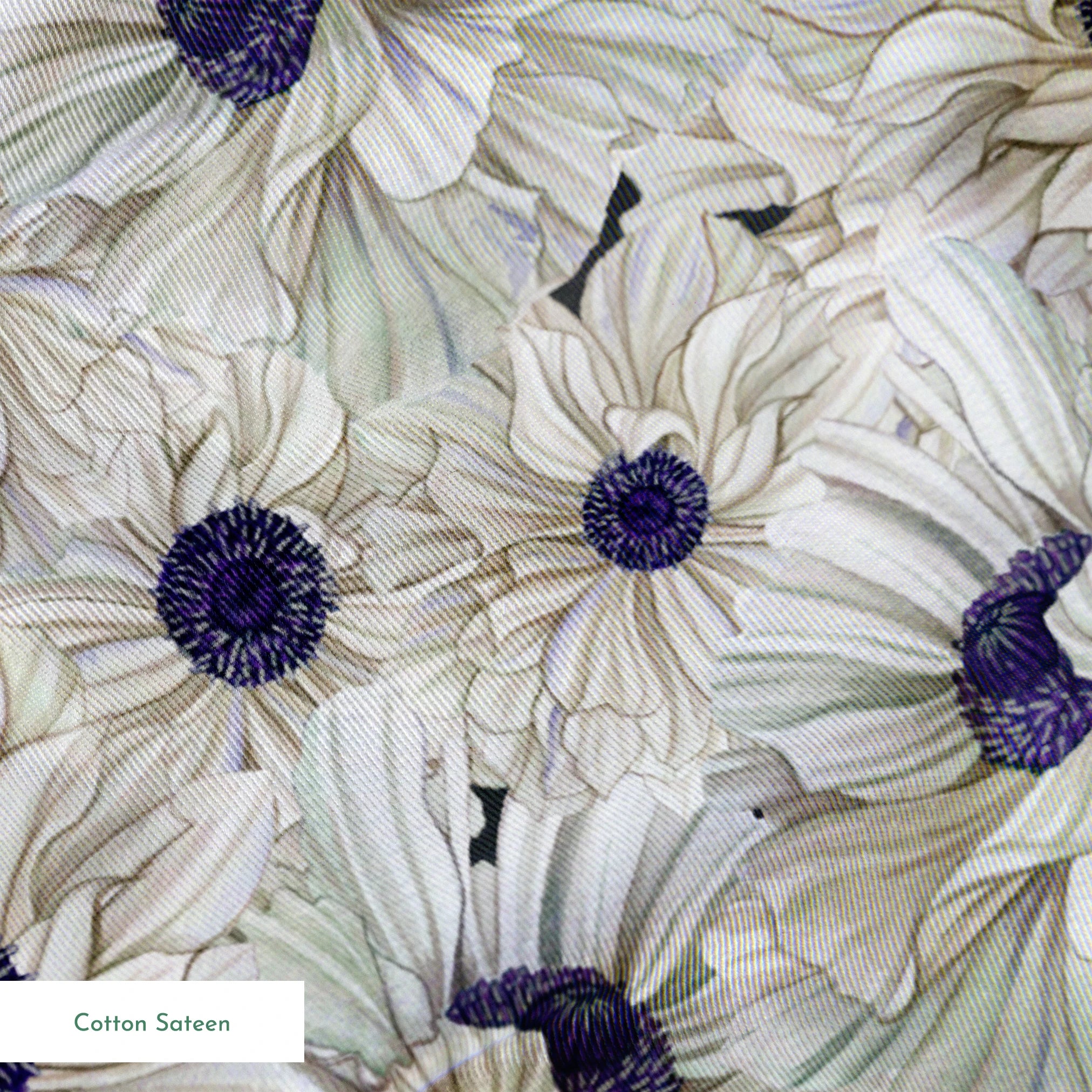 Ivory and indigo packed floral pattern with detailed petal textures and clustered blooms. springs sateen texture