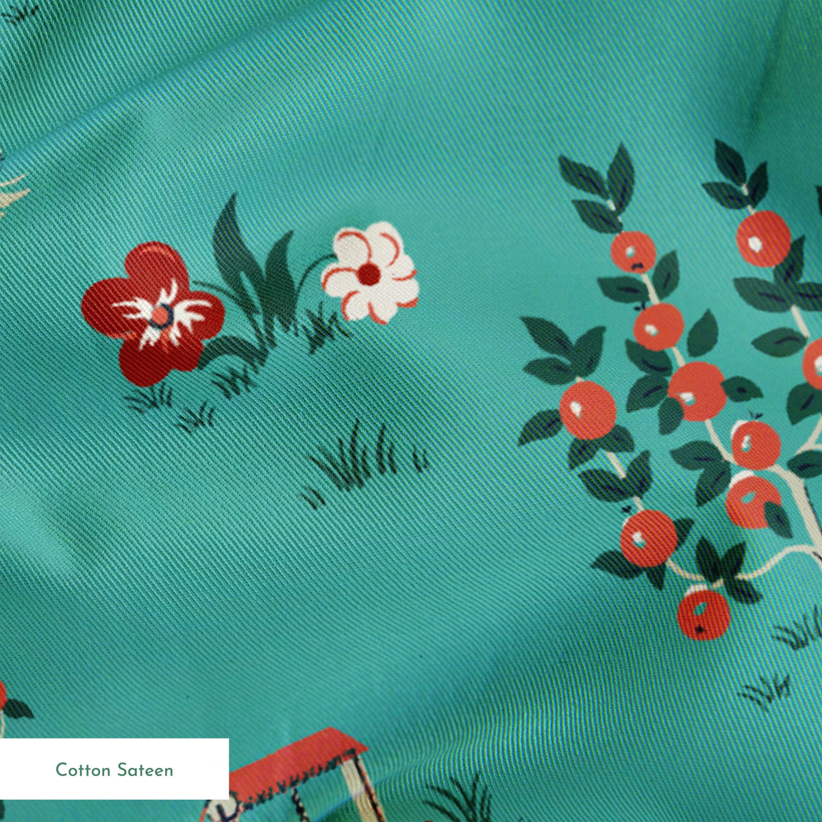 Teal background fabric with vintage cottages, flowers, chickens, and wells in a scattered countryside layout. springs sateen texture