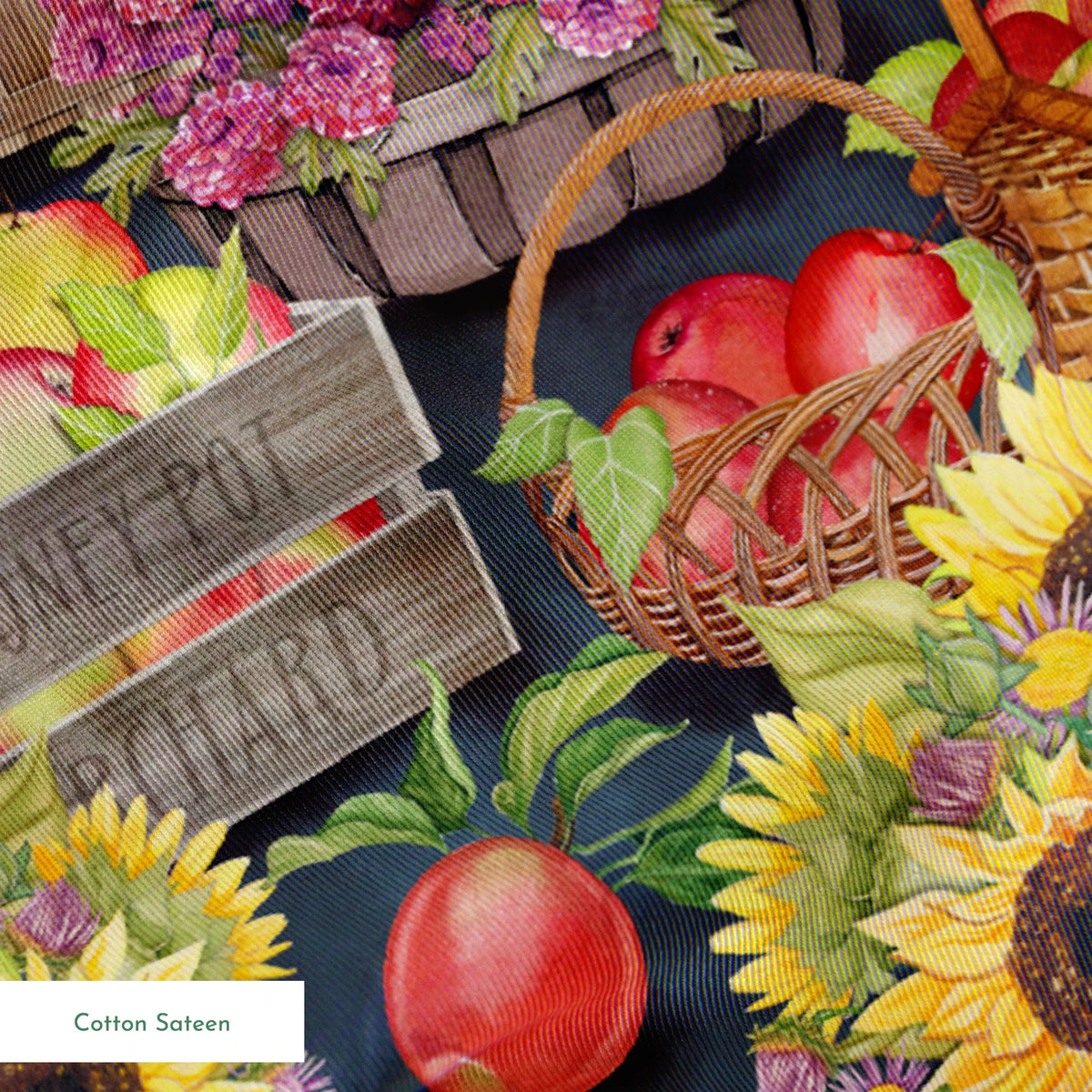 Baskets filled with sunflowers, mums, and apples in a colorful autumn harvest design by Nicole Tamarin. springs sateen texture
