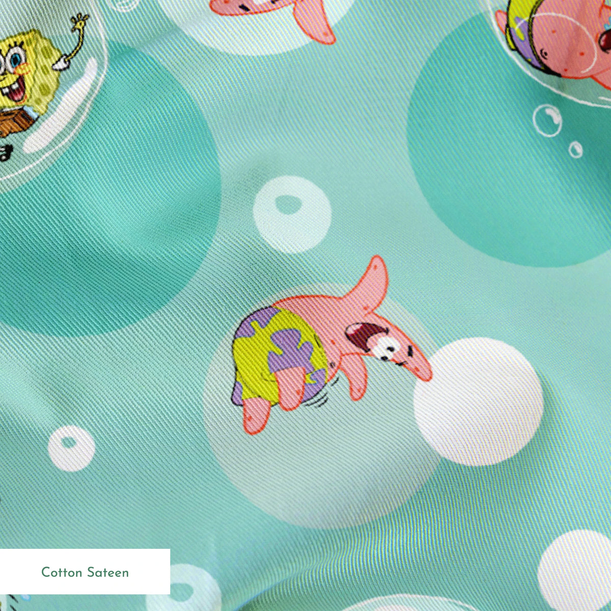 SpongeBob and Patrick floating in transparent bubbles across a seafoam green background with layered circle accents. springs sateen texture
