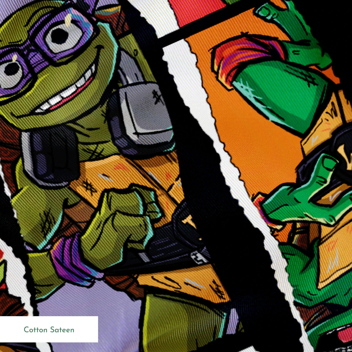 Teenage Mutant Ninja Turtles torn panel design with Leonardo, Donatello, Michelangelo, and Raphael in colorful comic-style art by Nickelodeon. springs sateen texture