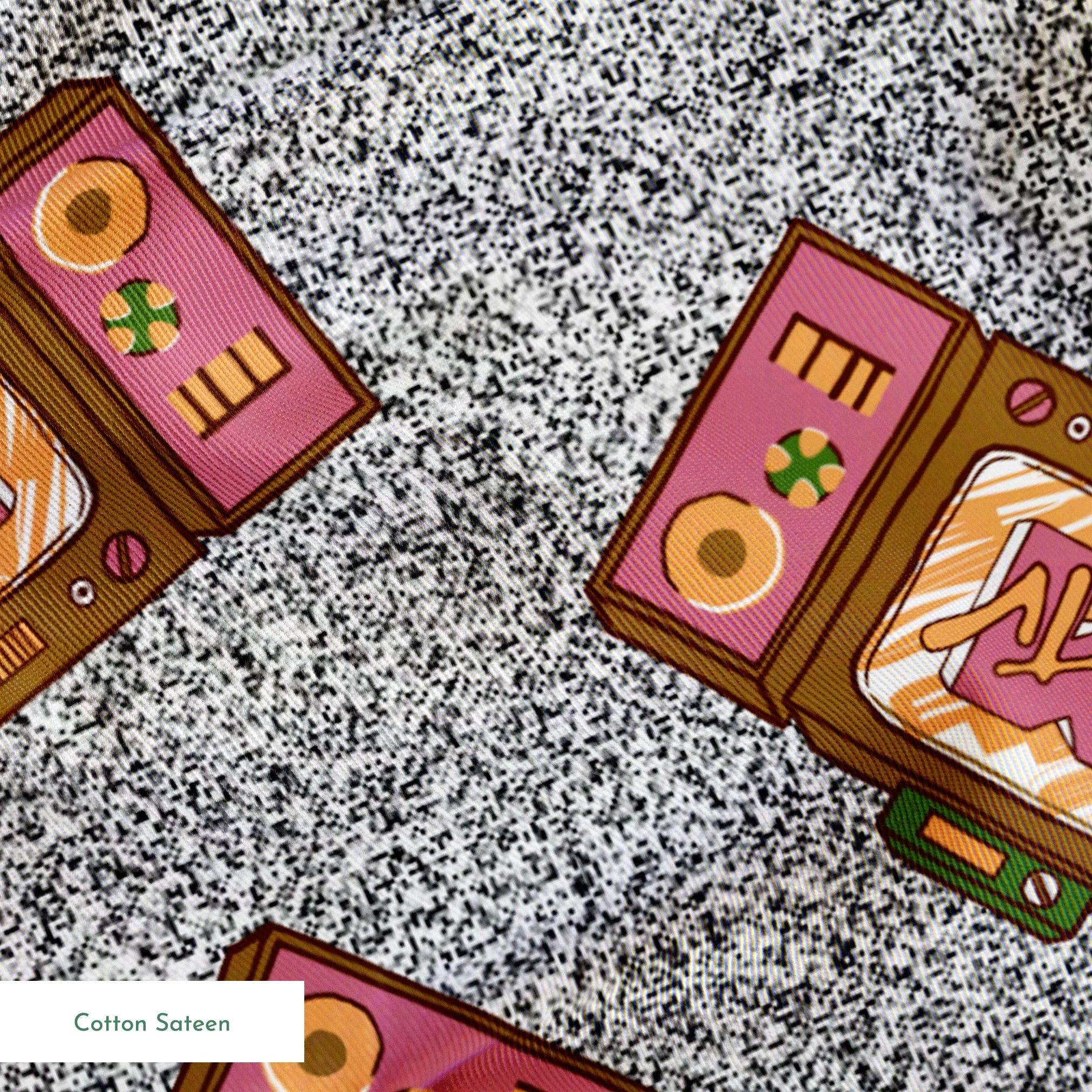 Pink and brown retro televisions with the MTV logo over a grainy gray static background in a scattered repeat. springs sateen texture