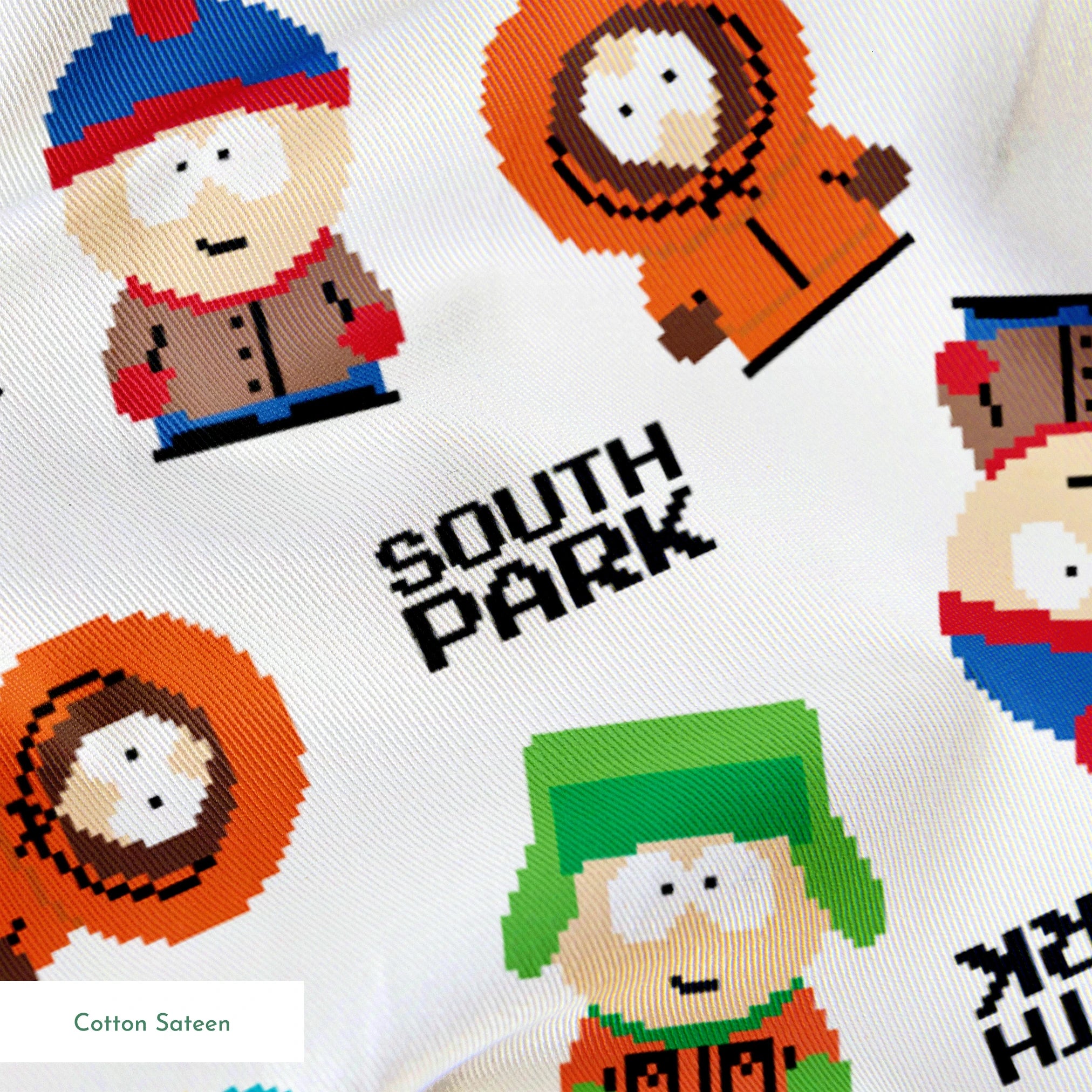 Pixel art versions of Stan, Kyle, Cartman, and Kenny with the South Park logo in black, tossed on a white background in various rotations. springs sateen texture