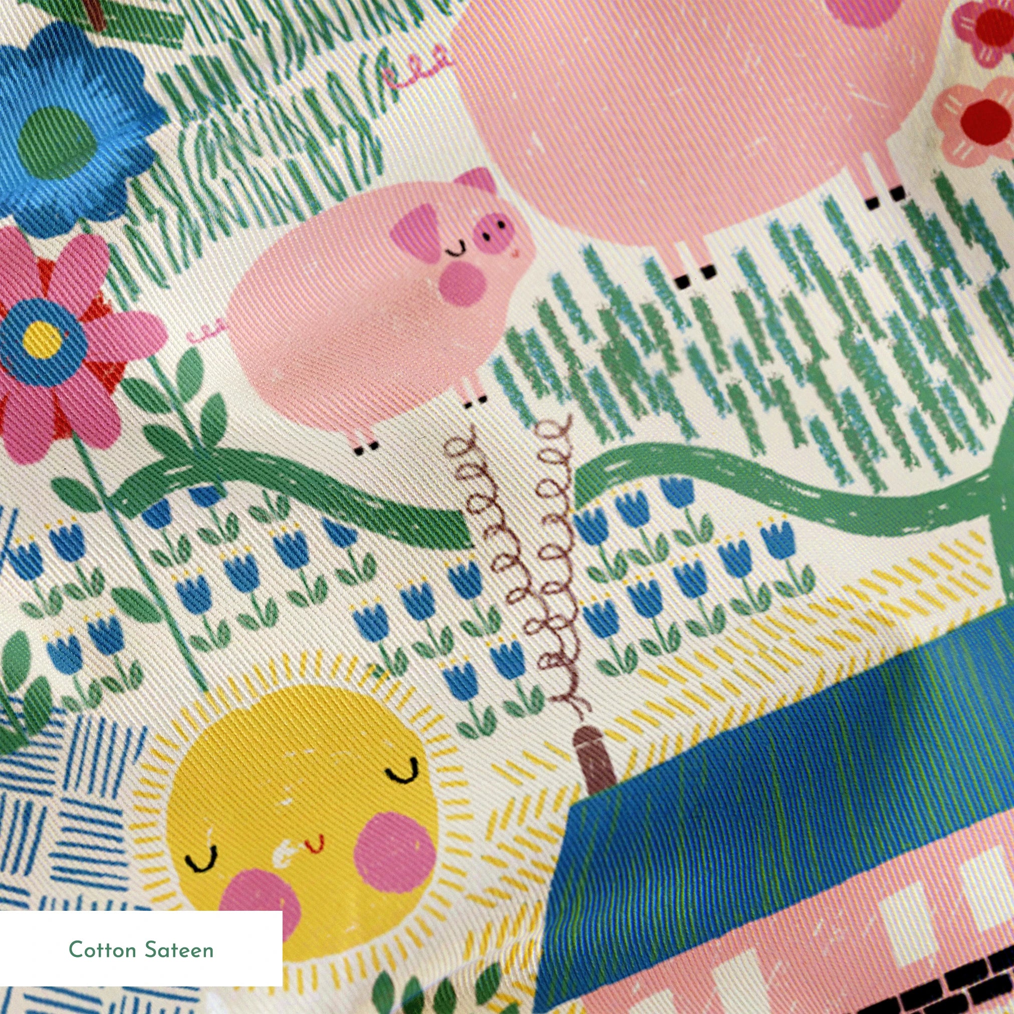 Colorful farm illustration with pink pigs, spotted cows, flowers, and small houses on textured ba... springs sateen texture