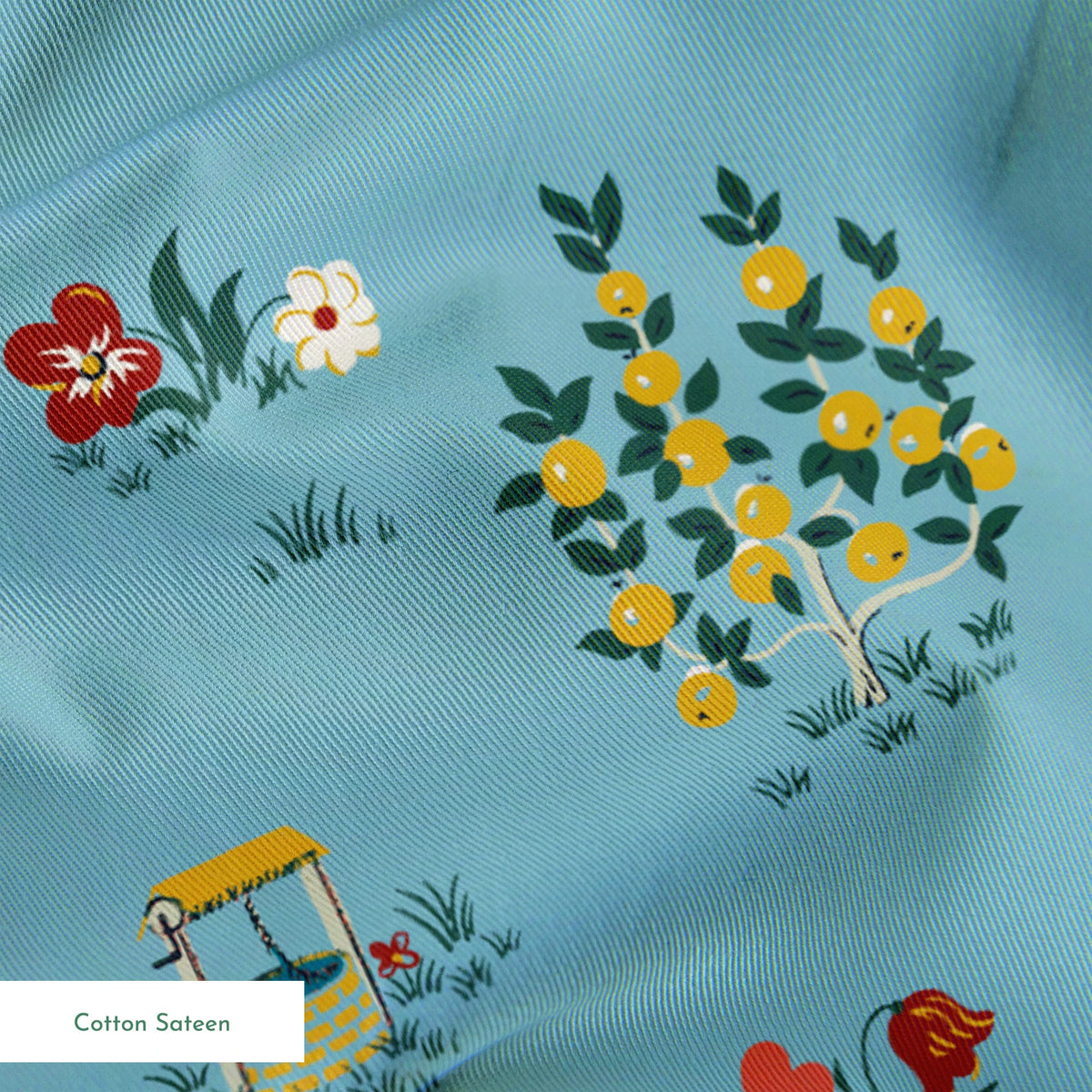 Blue-gray background with repeating folk art pattern of small cottages, white geese, floral clusters, and colorful tulips in yellow and red. springs sateen texture