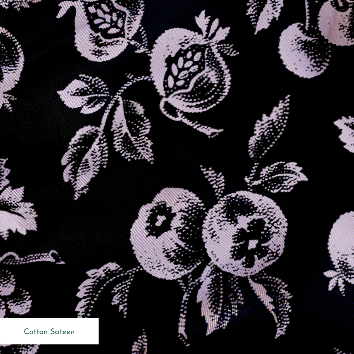 Elegant monochrome floral pattern with delicate white flowers scattered on a black background springs sateen texture