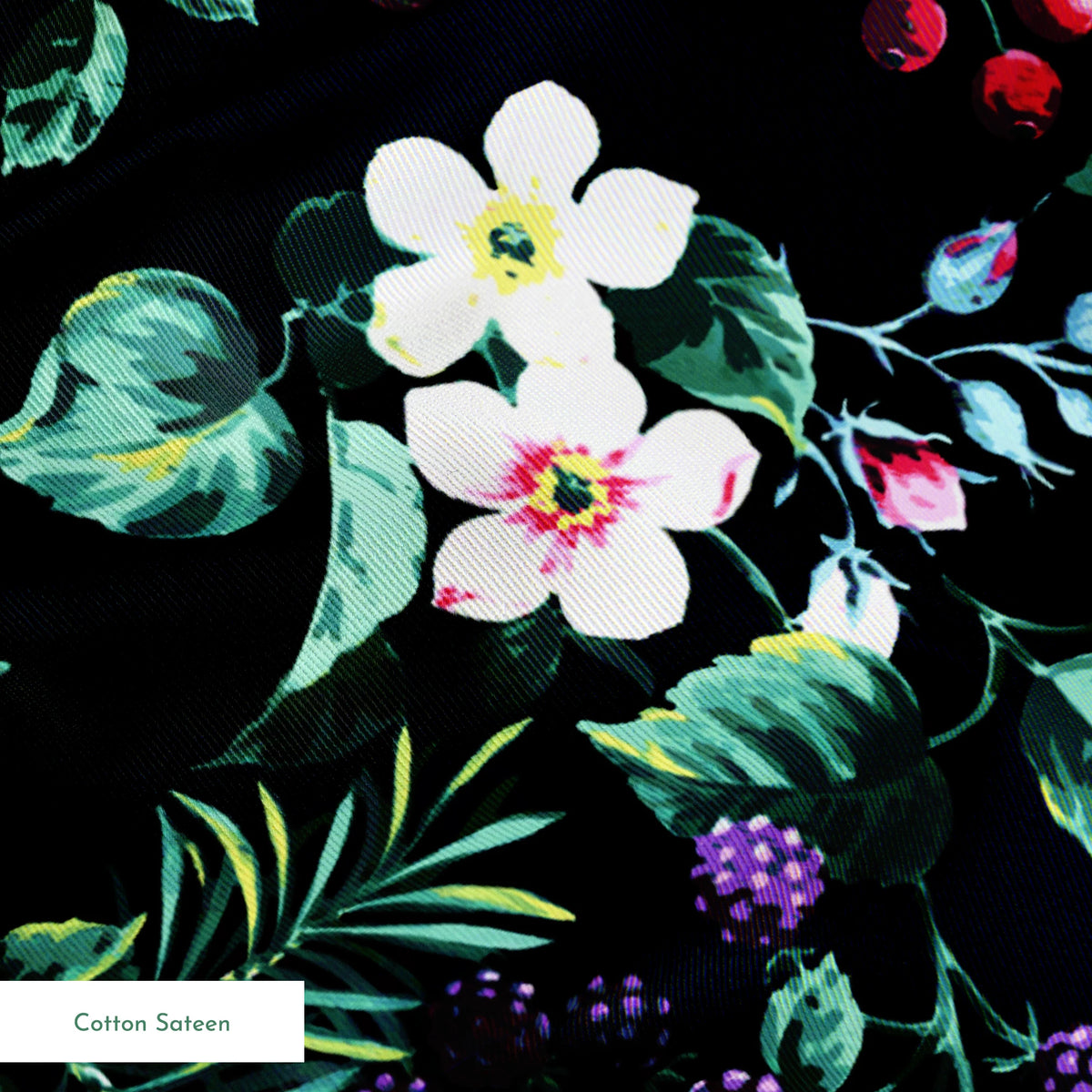 Colorful botanical pattern with white flowers, red cherries, purple blackberries, and green leaves on black background springs sateen texture