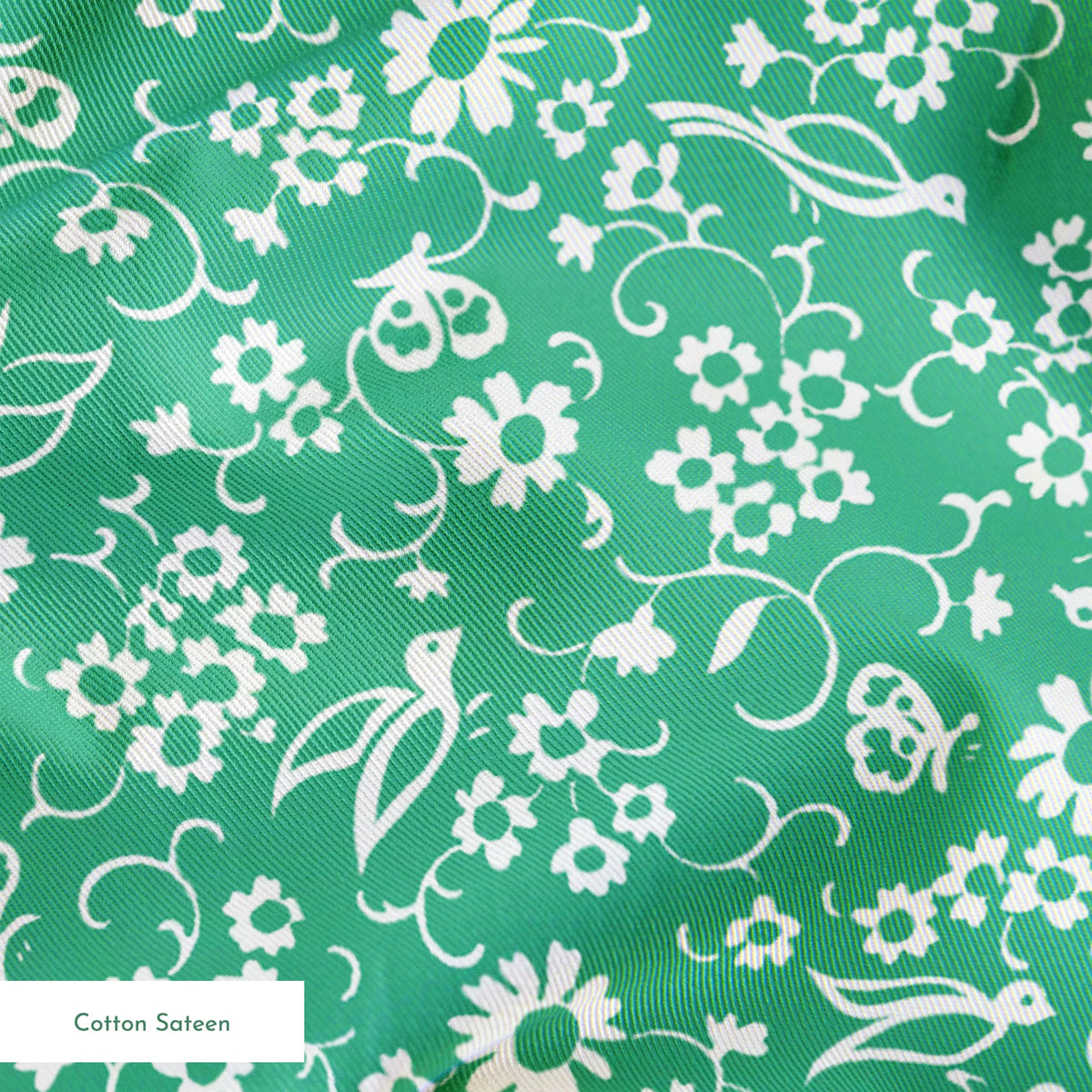 White floral pattern with delicate blooms and leaves on a mint green background springs sateen texture
