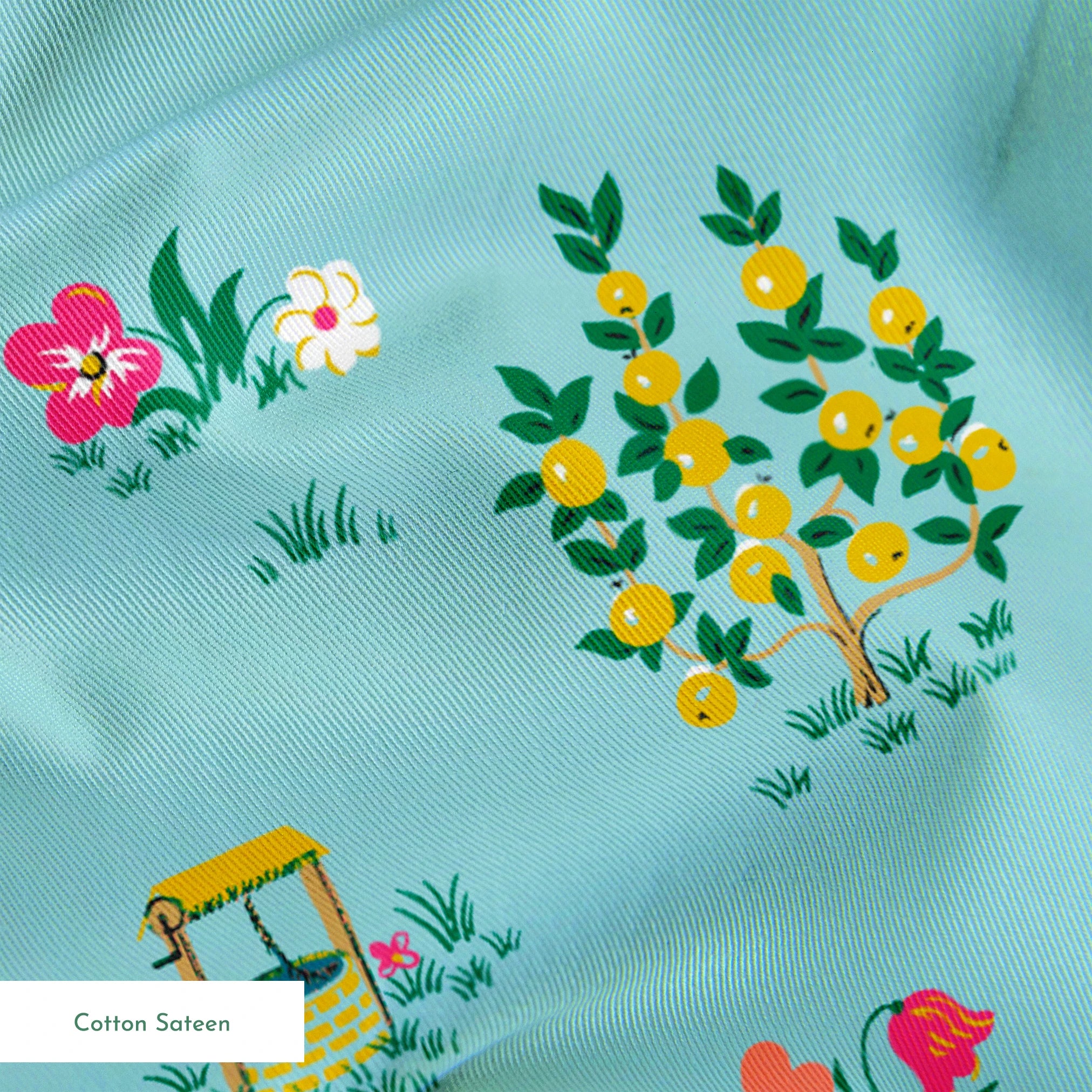Whimsical light blue pattern with tiny cottages, tulips, and flower gardens in pastel colors springs sateen texture