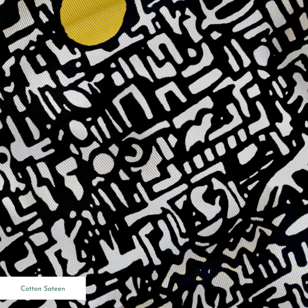 Abstract black and white maze pattern with scattered golden yellow dots arranged in a grid springs sateen texture