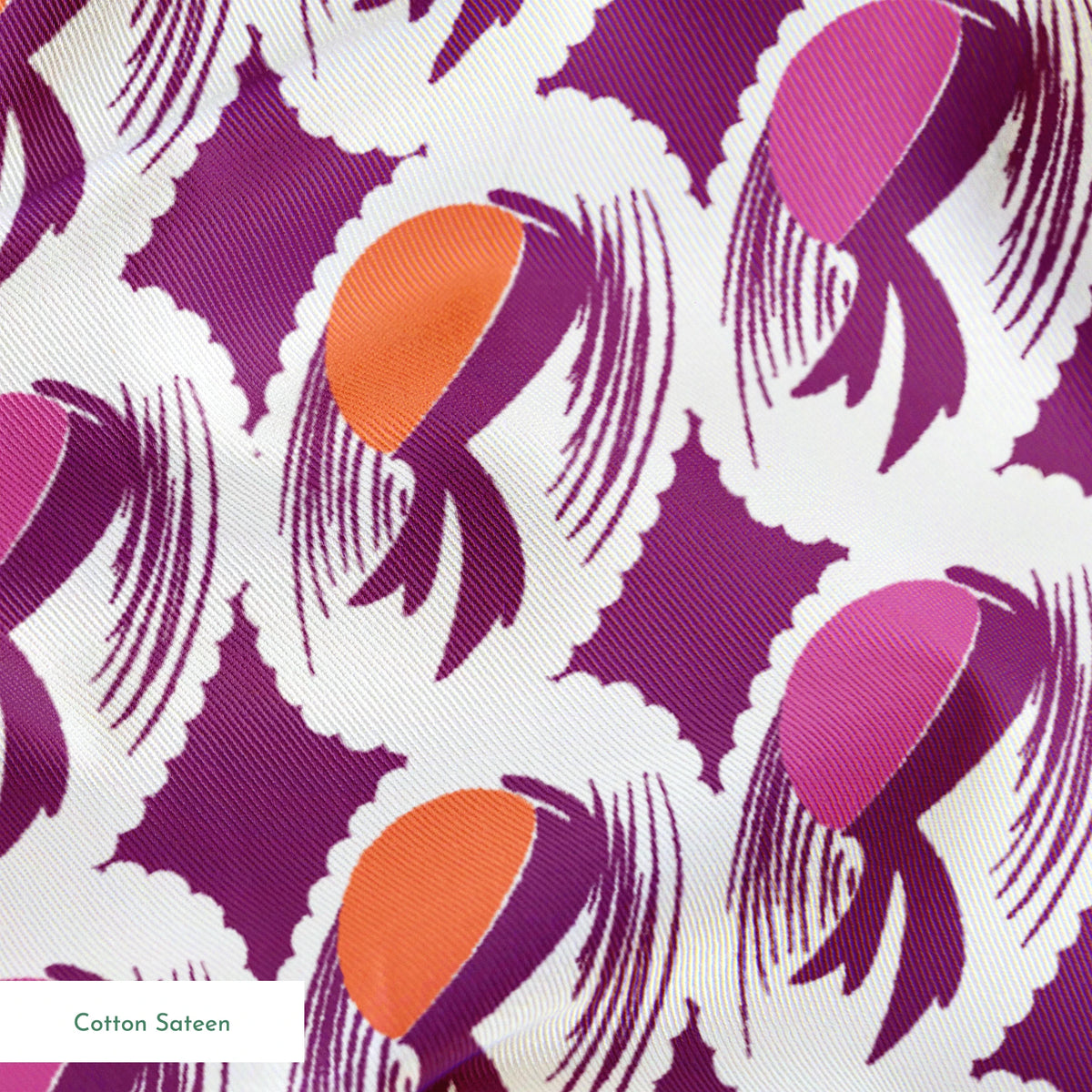 Abstract pattern with purple and orange oval shapes with flowing brush strokes on white background springs sateen texture