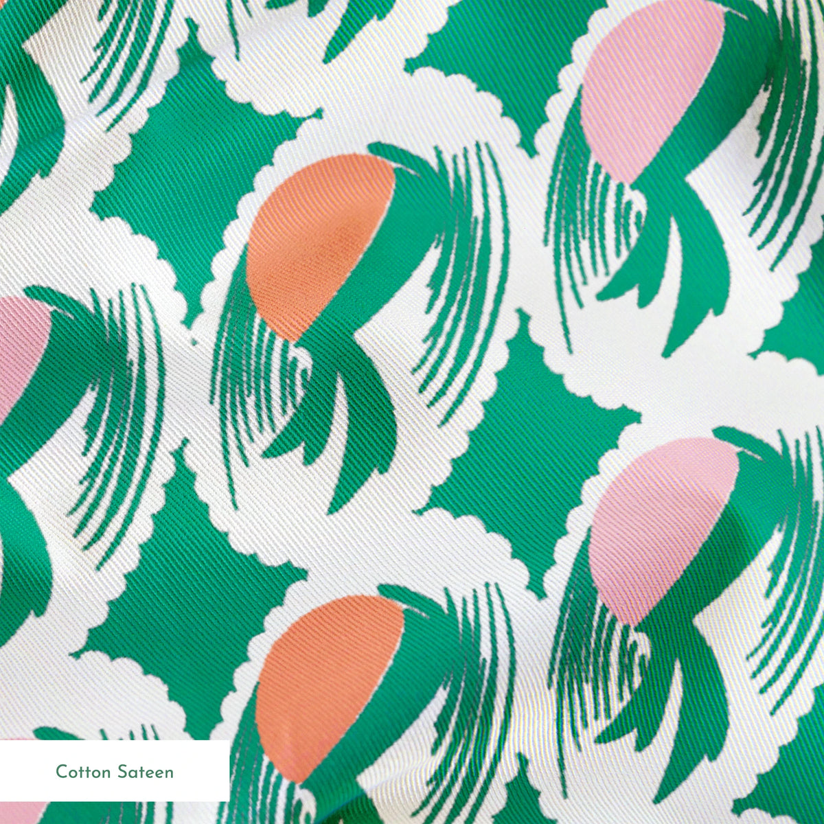 Abstract pattern with pink and orange oval shapes on green brushstroke backgrounds springs sateen texture