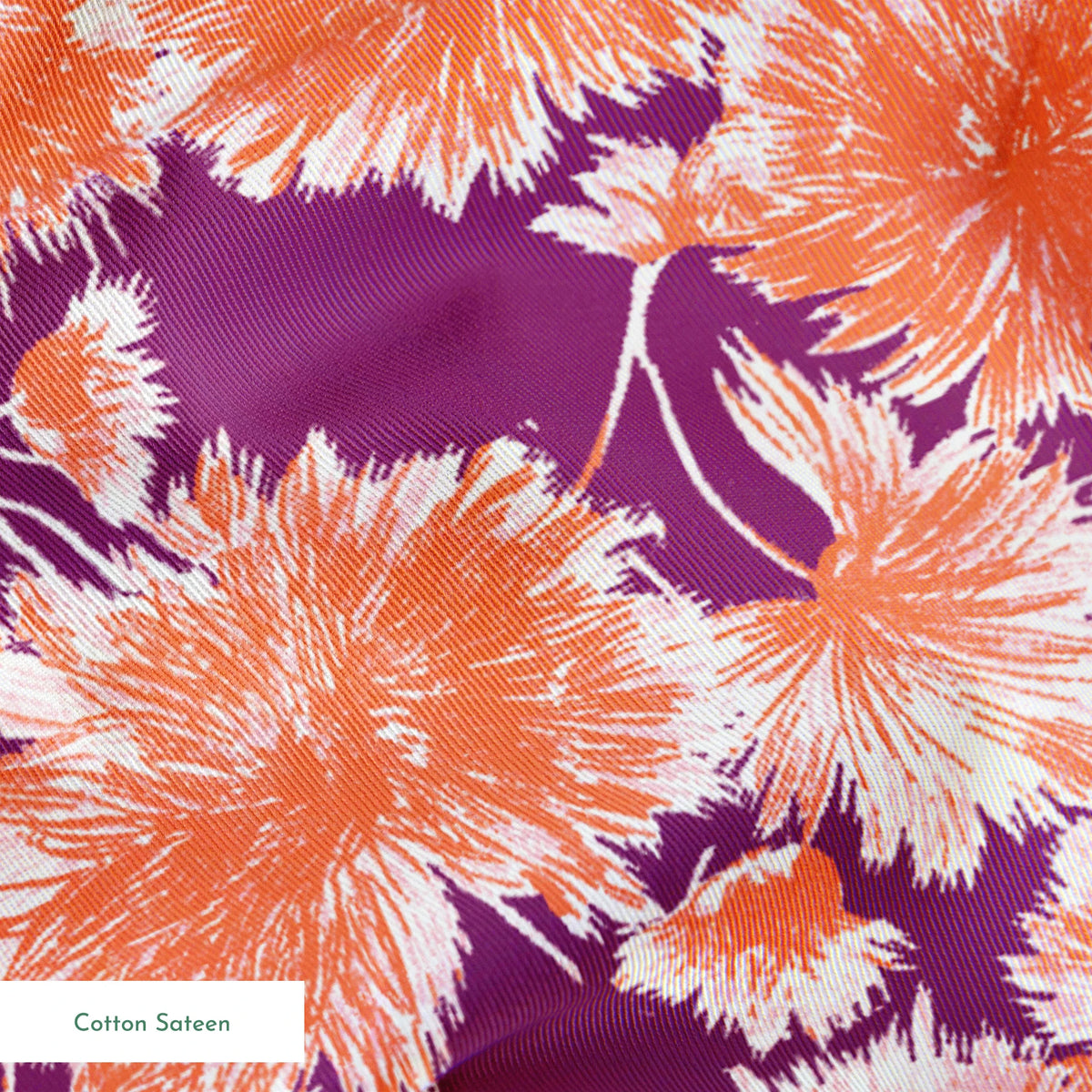 Vibrant floral pattern with orange and white chrysanthemum-like blooms on deep purple background springs sateen texture