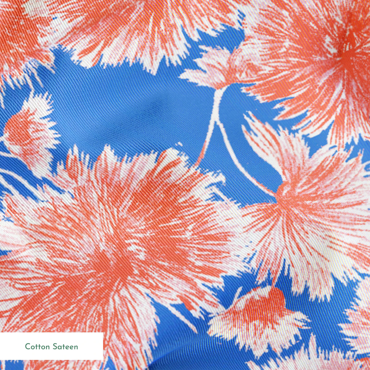 Coral pink floral pattern of chrysanthemums or dahlias on bright blue background springs sateen texture
