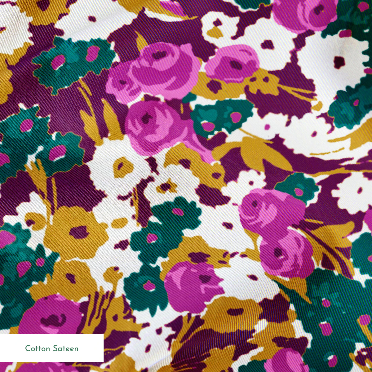 Vibrant floral pattern with purple, white, and gold flowers on teal background springs sateen texture
