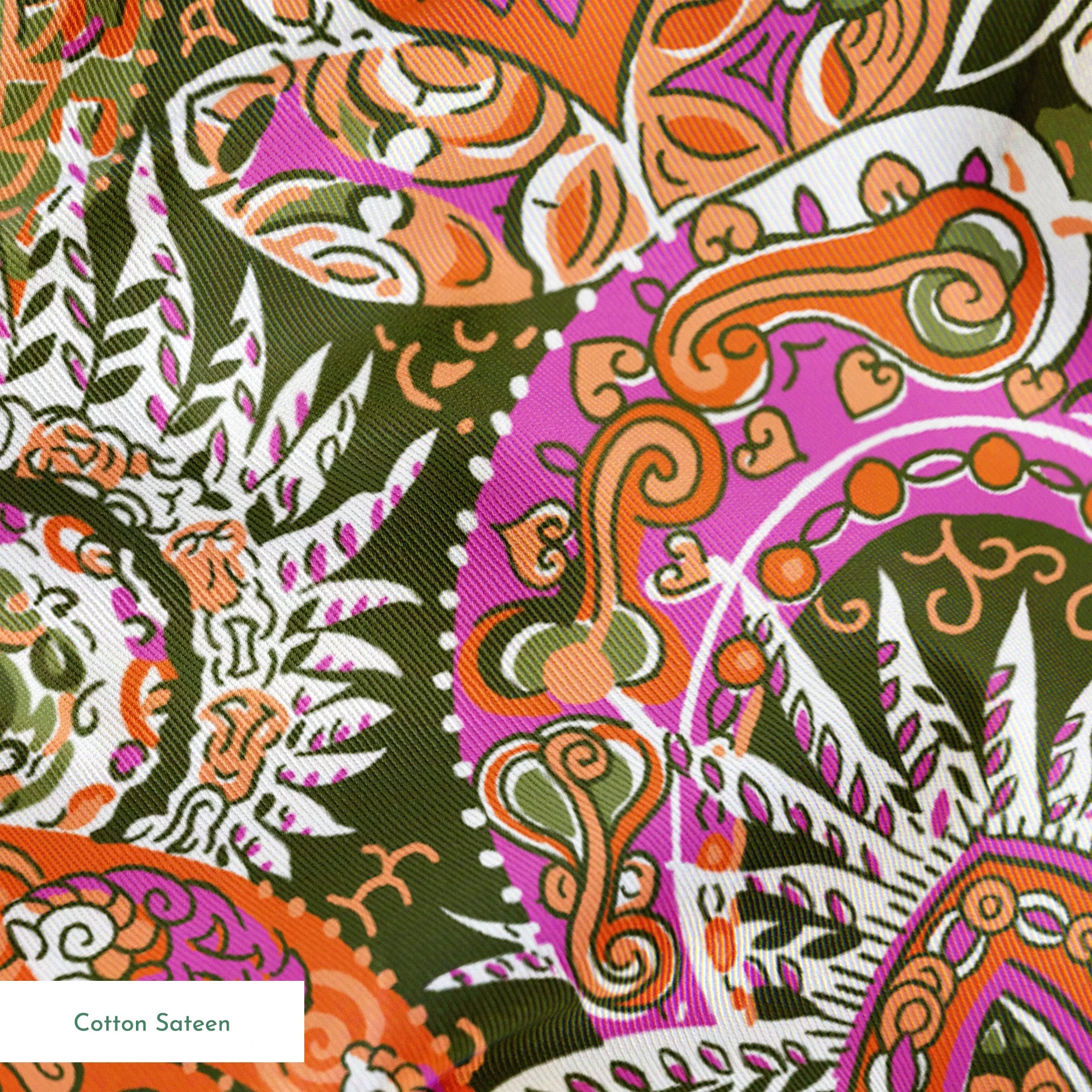 Vibrant paisley pattern with swirling designs in pink, orange, yellow and white on textured background springs sateen texture