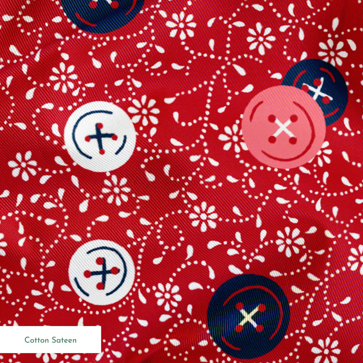 Red background with scattered buttons in white, blue, and coral colors featuring sewing motifs and small floral patterns springs sateen texture
