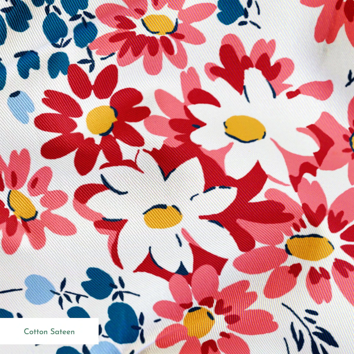 Colorful floral pattern with coral, red, and white daisies with yellow centers and teal leaves springs sateen texture