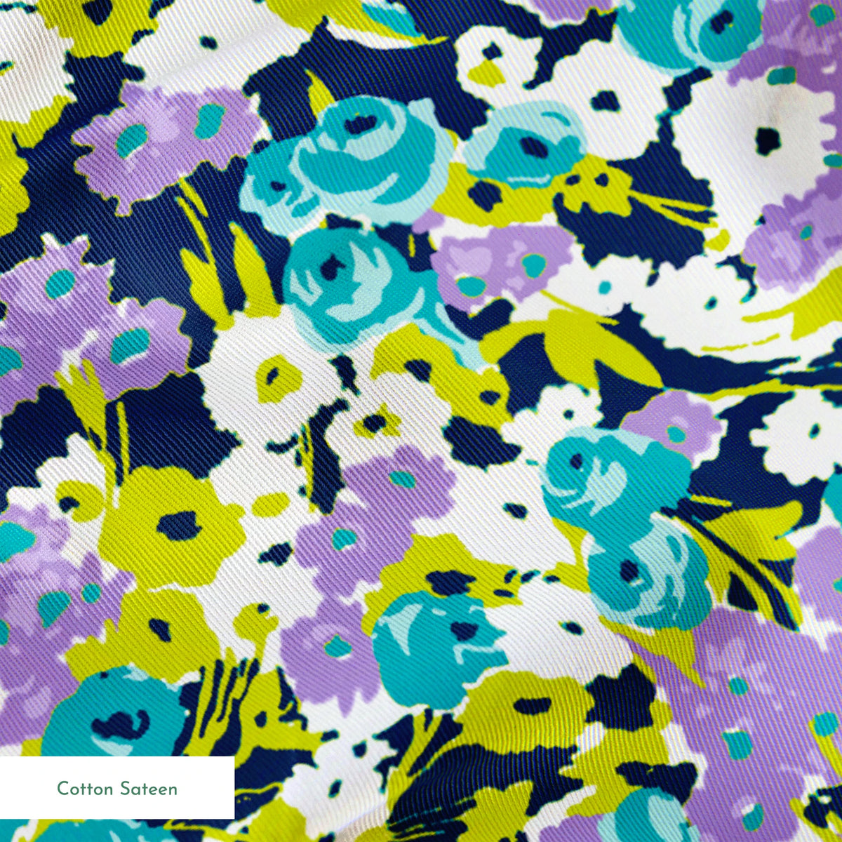 Vibrant floral pattern with turquoise, purple, white, and chartreuse blooms on dark background springs sateen texture