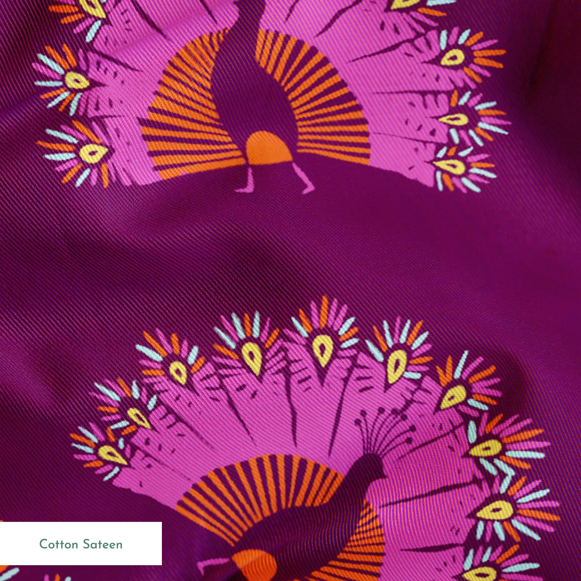 Decorative pattern with peacocks arranged in circular formations against a deep purple background springs sateen texture