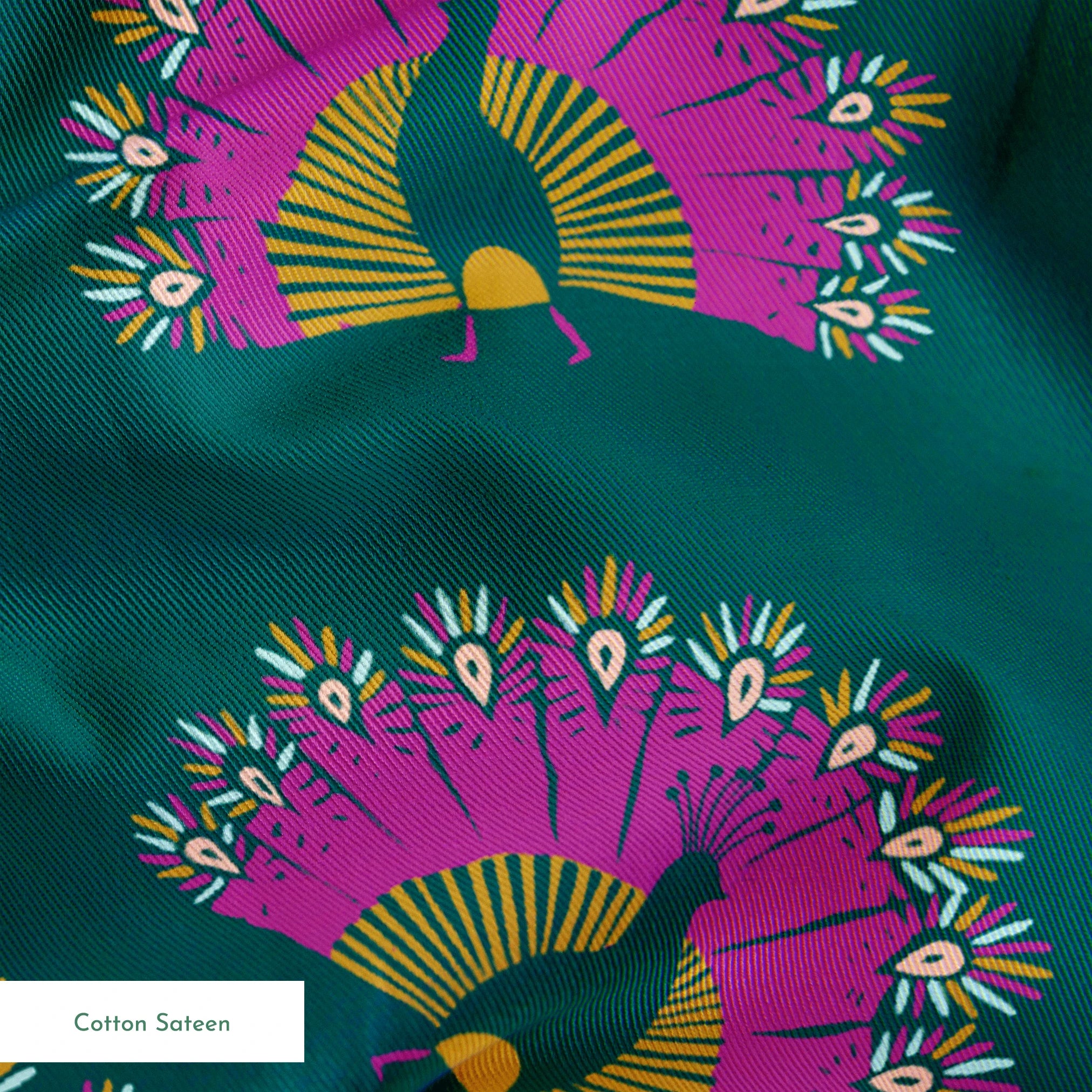 Vibrant pattern of pink circular bursts with yellow-green bird silhouettes on teal background springs sateen texture