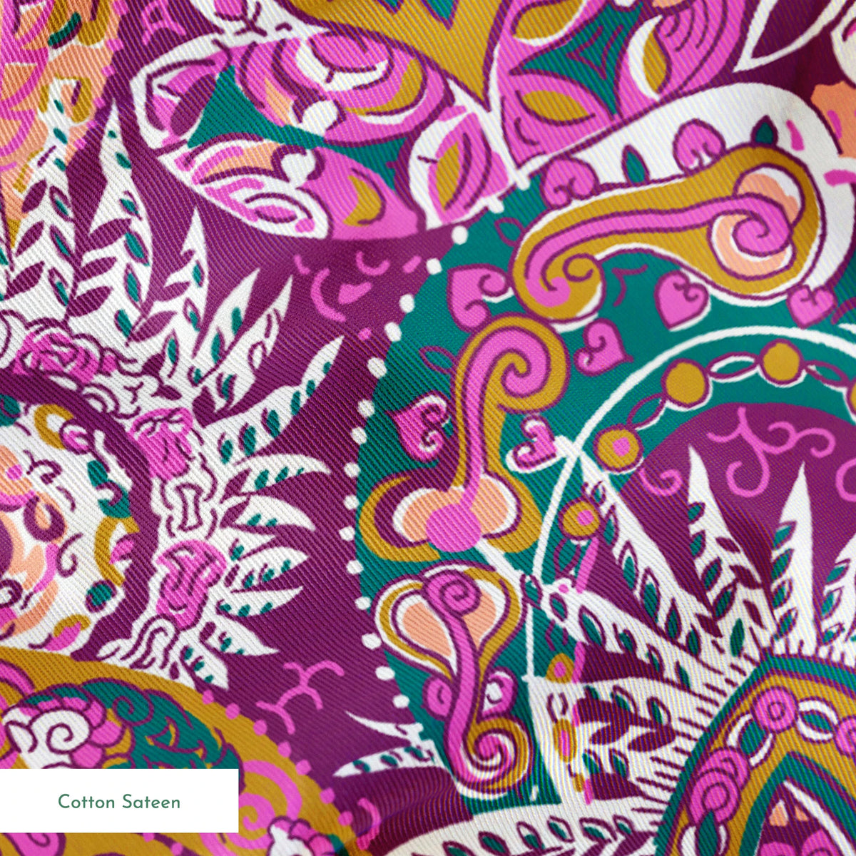 Colorful paisley pattern with intricate swirls in purple, pink, orange, and teal tones springs sateen texture