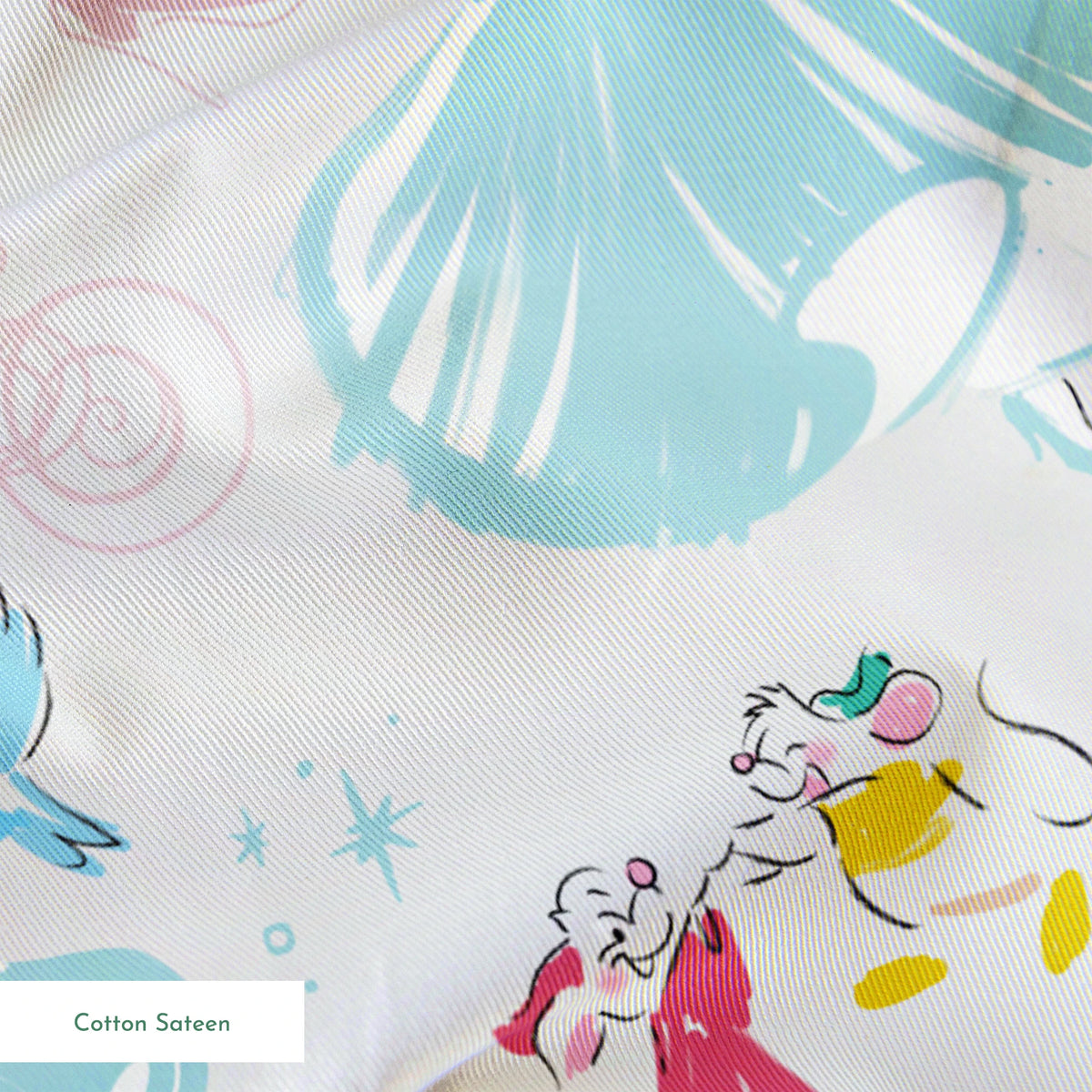 Dreamy Cinderella pattern with blue gowns, castle silhouettes, glass slippers, and blue birds on pale background springs sateen texture
