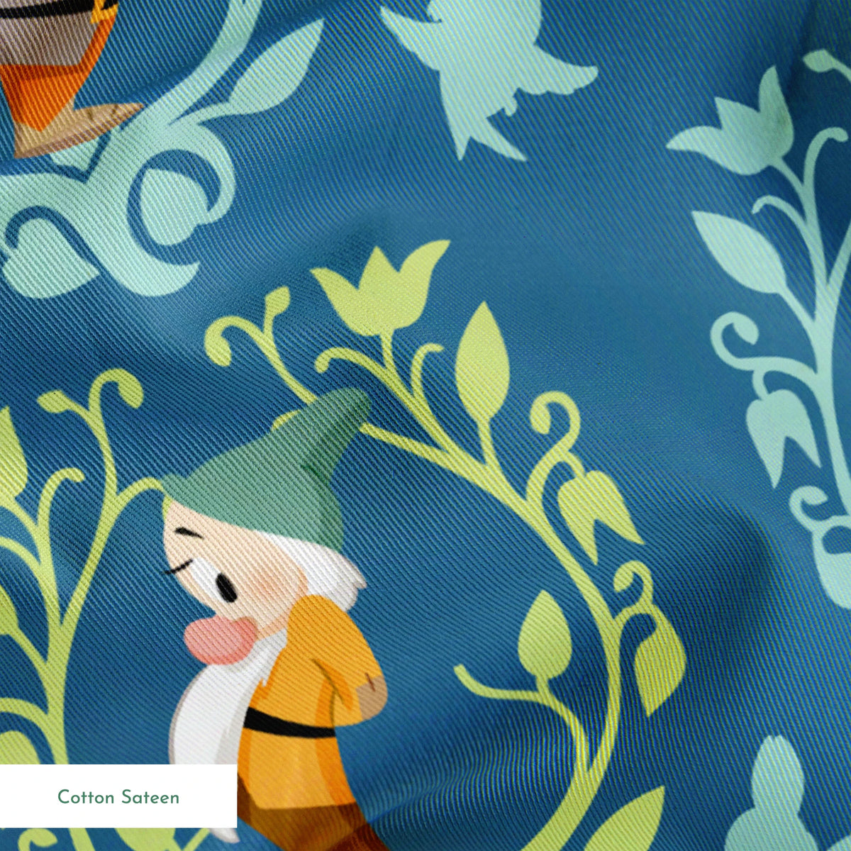 Pattern of cartoon birds in decorative oval frames on blue background with leaf motifs springs sateen texture