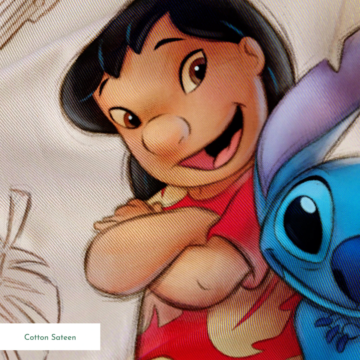Lilo and Stitch fabric with leaf and guitar pattern background springs sateen texture