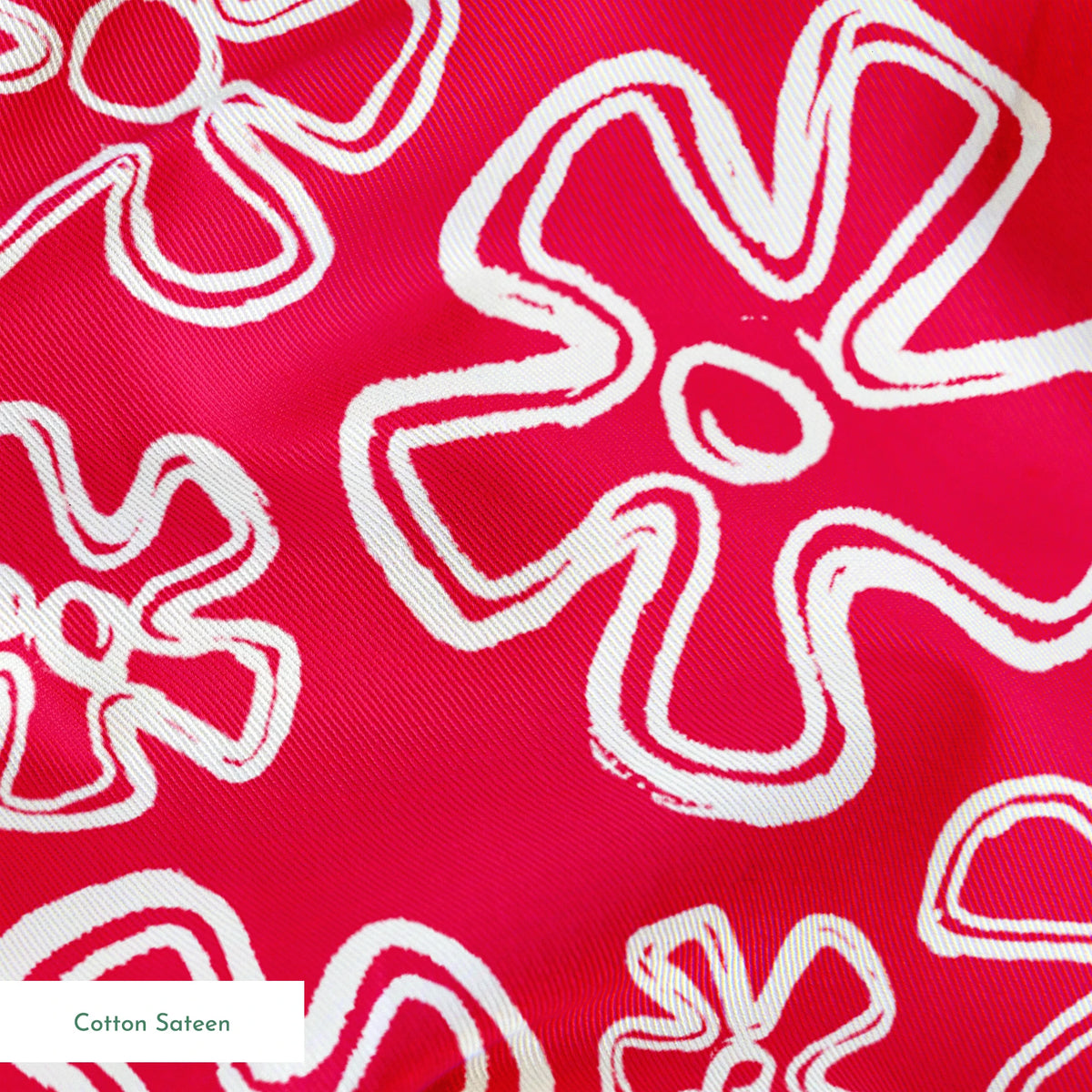 White flower doodles and Disney's Stitch on bright red background, hand-drawn style pattern springs sateen texture