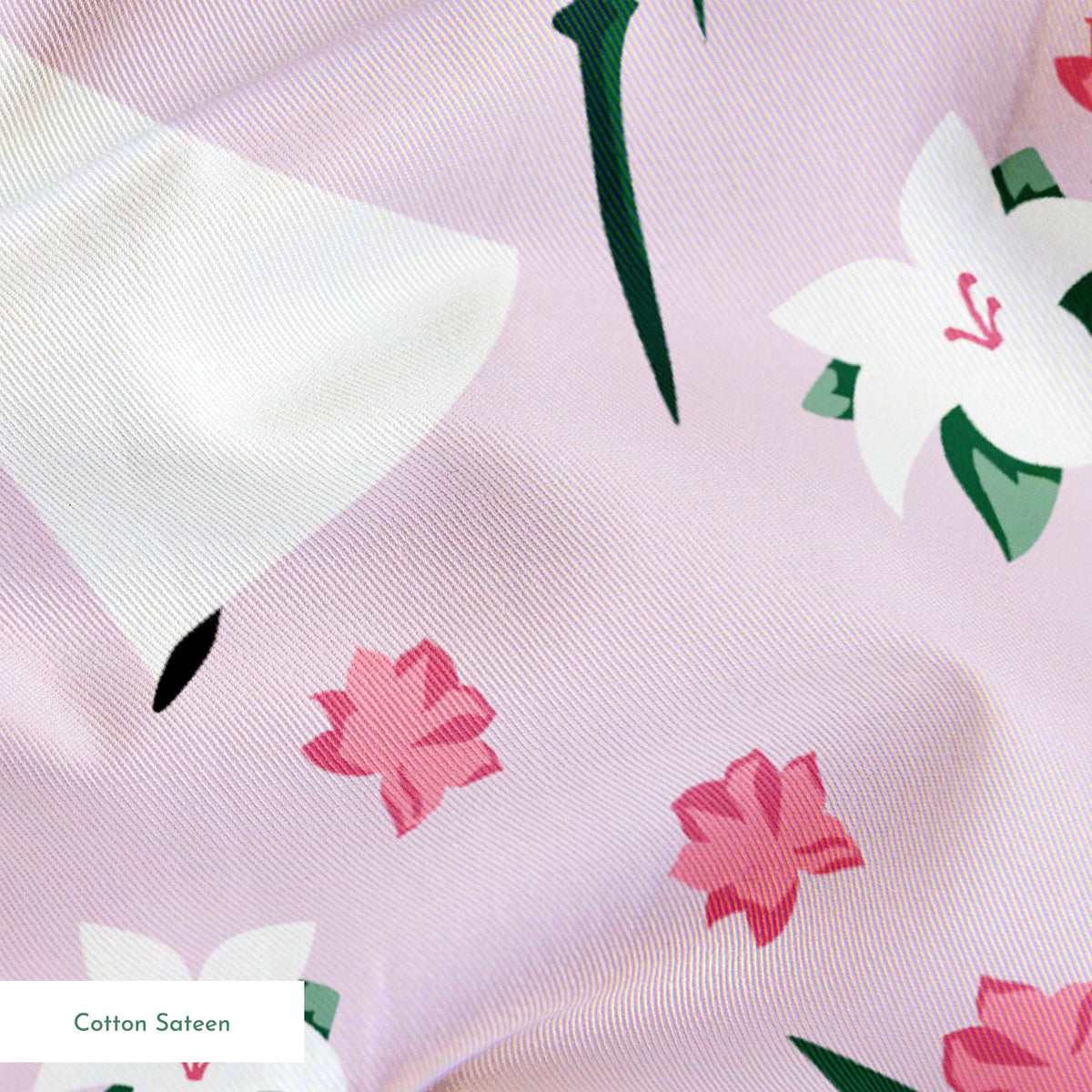 Illustrated pattern on light purple background with cartoon figures in white dresses, pink flowers, green palm leaves, and white rabbits. springs sateen texture