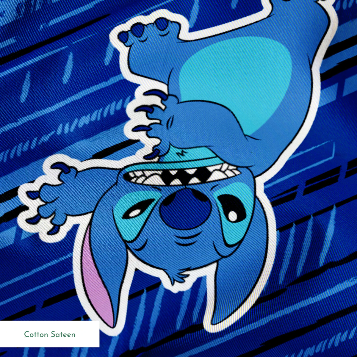 Blue background with Disney Stitch characters in various playful poses, featuring blue fur and pink ears springs sateen texture