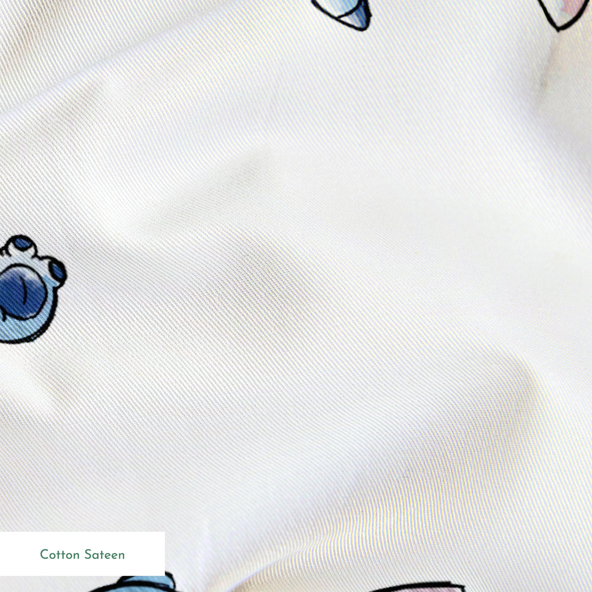 Disney's Stitch in various playful poses, some holding pineapples, on white background springs sateen texture