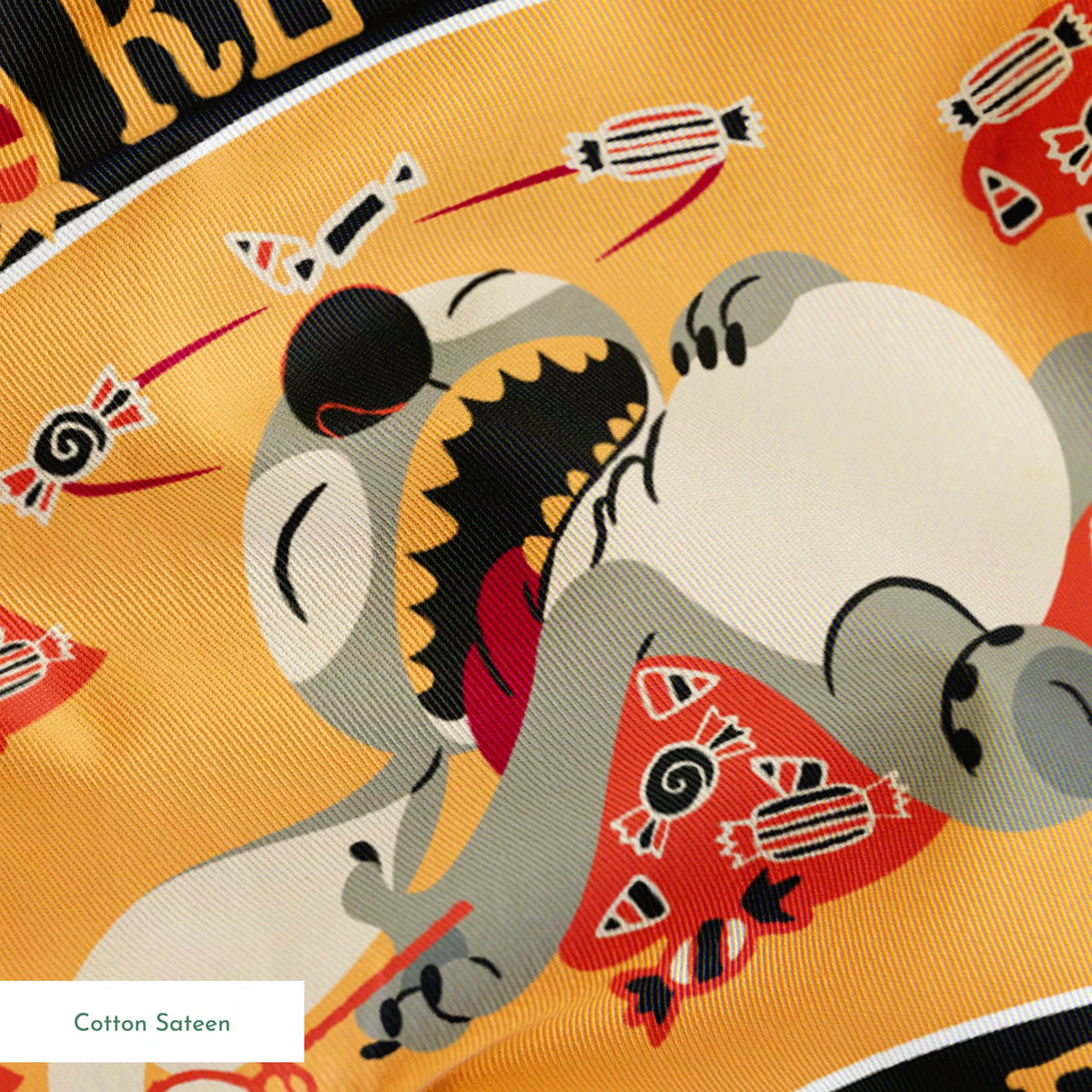 Repeating pattern with "NO REGRETS ONLY CANDY" text, featuring Disney's Stitch and candy corn on orange background. springs sateen texture