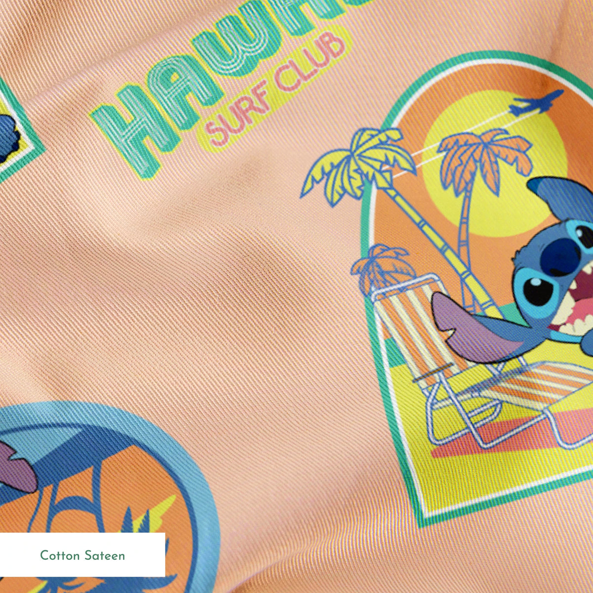 Disney's Stitch character on peach background with Hawaii-themed illustrations featuring surfboards, ukulele, and tropical imagery springs sateen texture