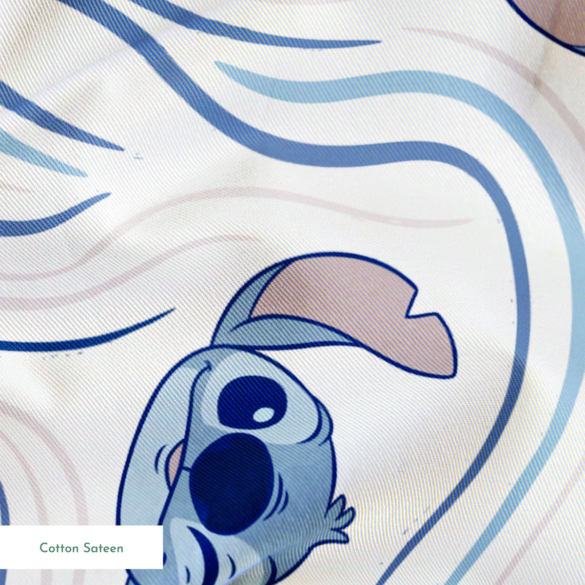 Blue alien character with large ears in various poses on swirling blue and white pattern background springs sateen texture