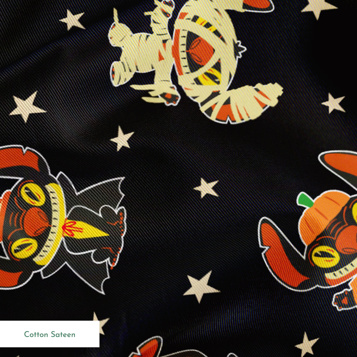 Pattern of Stitch in vibrant colors on black background with stars springs sateen texture