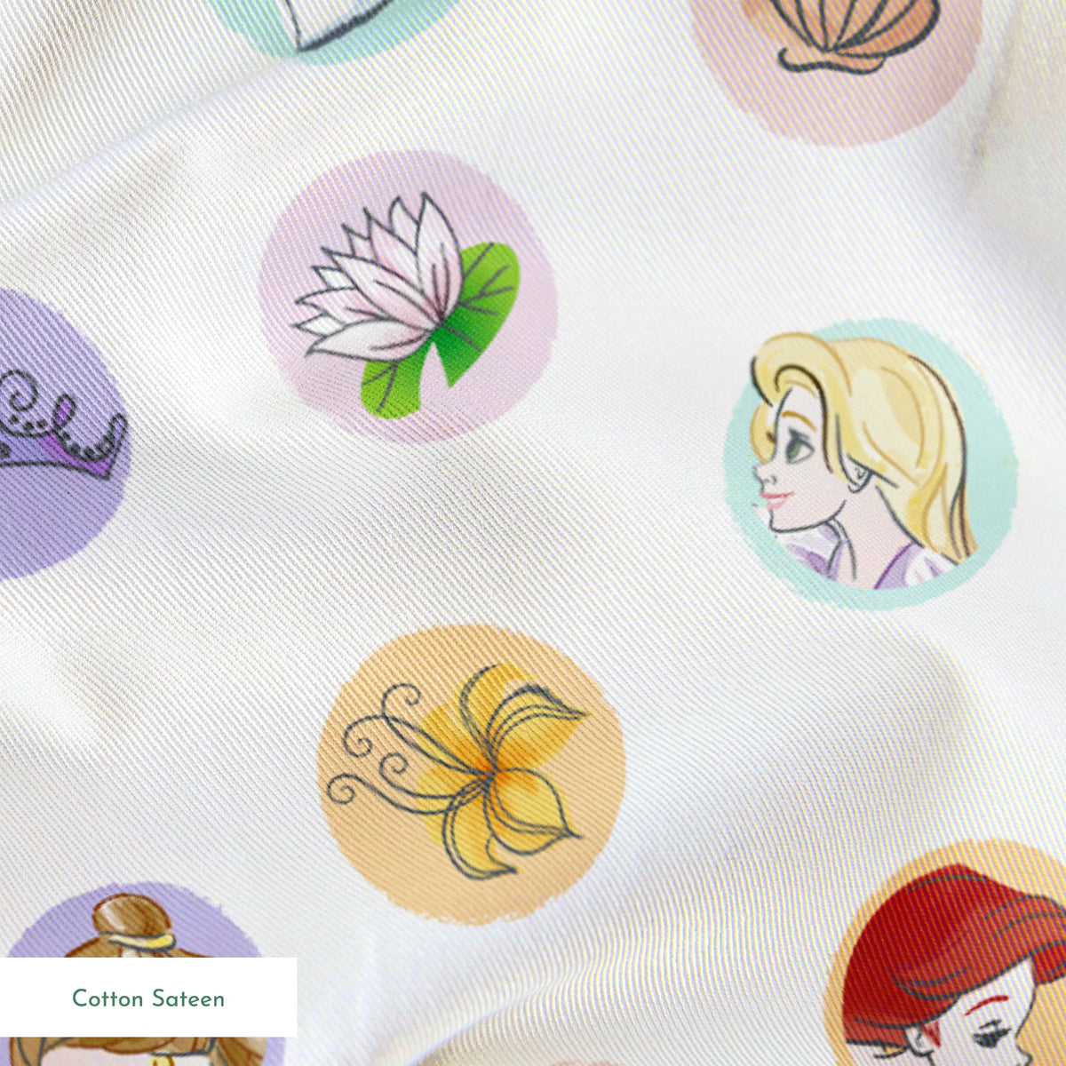 Colorful circular illustrations featuring Disney Princesses and symbols on white background springs sateen texture