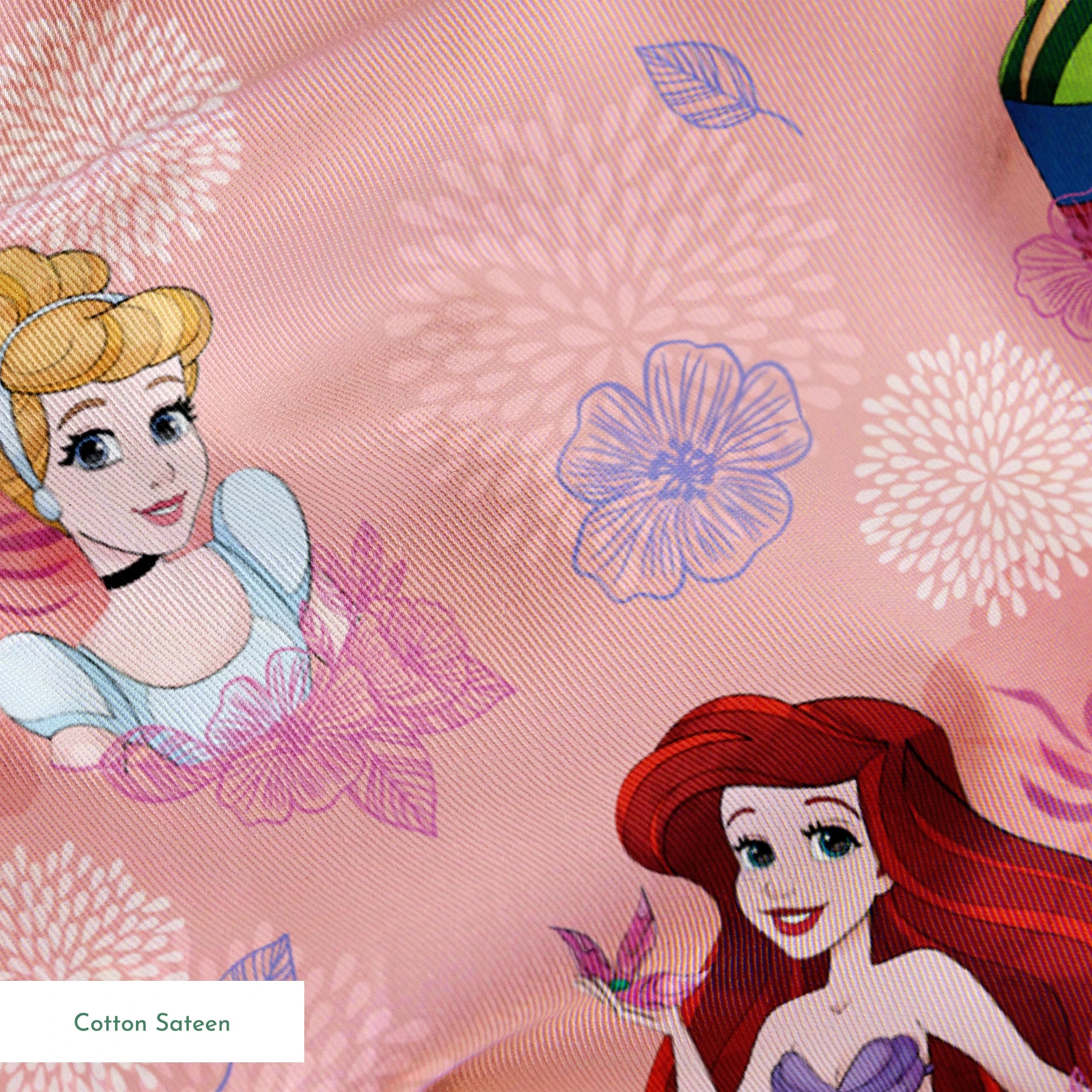 Disney princess characters on pink floral background with delicate flower patterns springs sateen texture