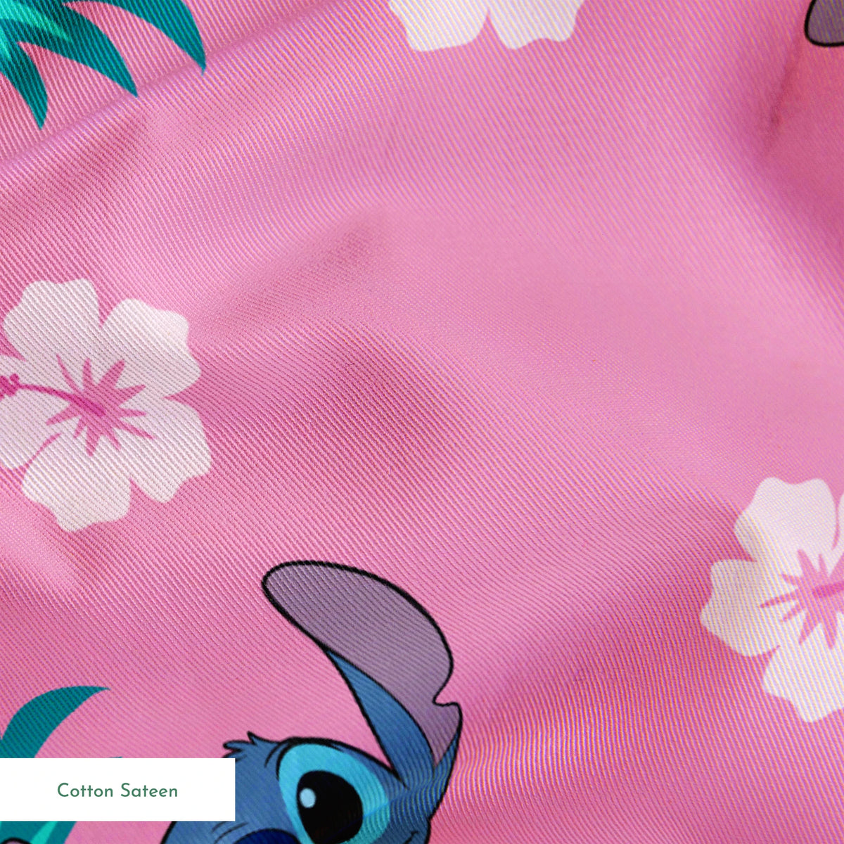 Stitch characters with pineapples and white hibiscus flowers on pink background pattern springs sateen texture