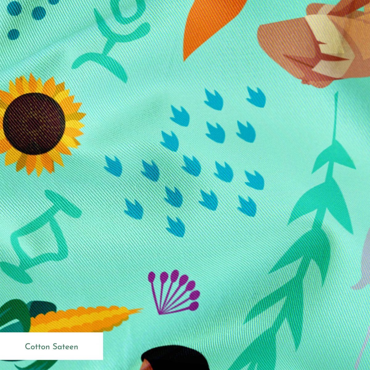 Colorful pattern with figures in nature motifs featuring sunflowers, leaves, and flowing design elements on turquoise background springs sateen texture