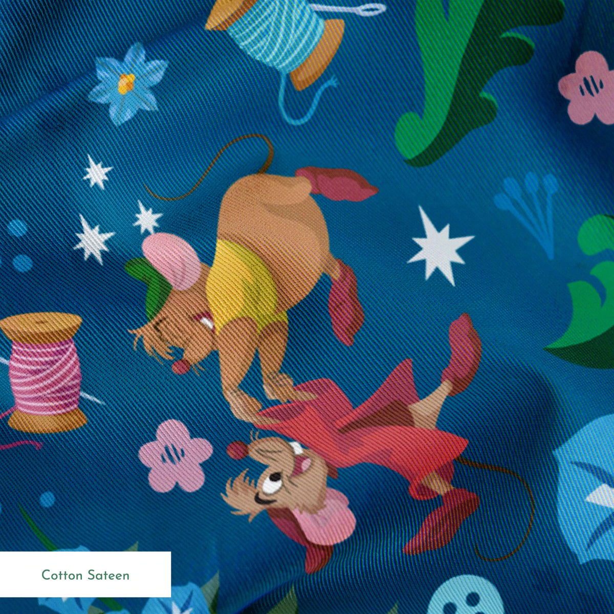 Colorful fairy tale pattern with mice, glass slippers, pumpkins, and floral elements on deep blue background springs sateen texture