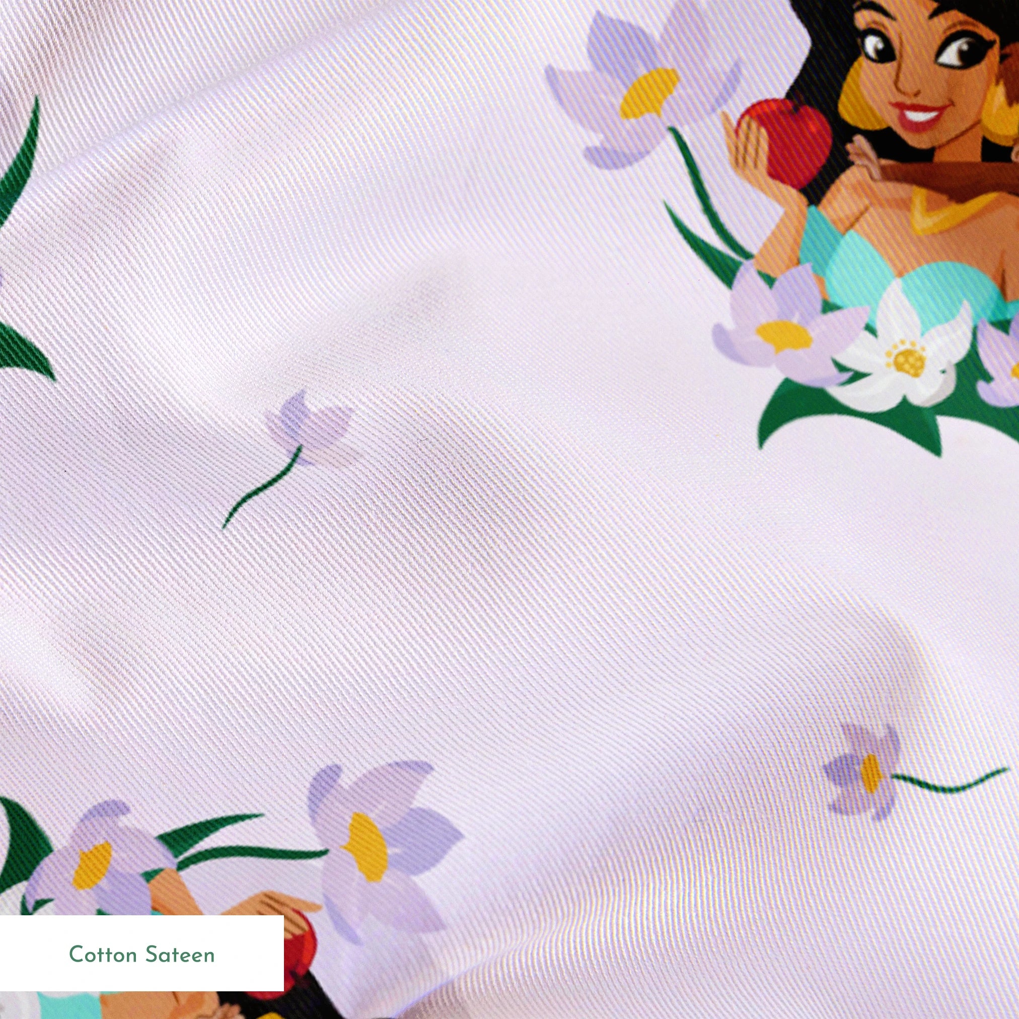 Cartoon pattern of Princess Jasmine with tiger cub surrounded by flowers on light pink background springs sateen texture