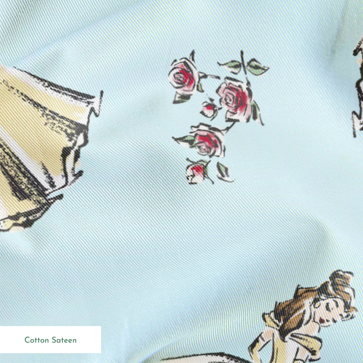 Light yellow pleated bell-shaped objects with small pink floral accents scattered on pale blue background springs sateen texture