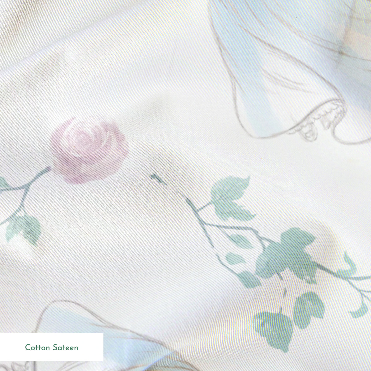 Delicate pattern of flowing blue dresses, pink roses, and mint green foliage on a light background springs sateen texture