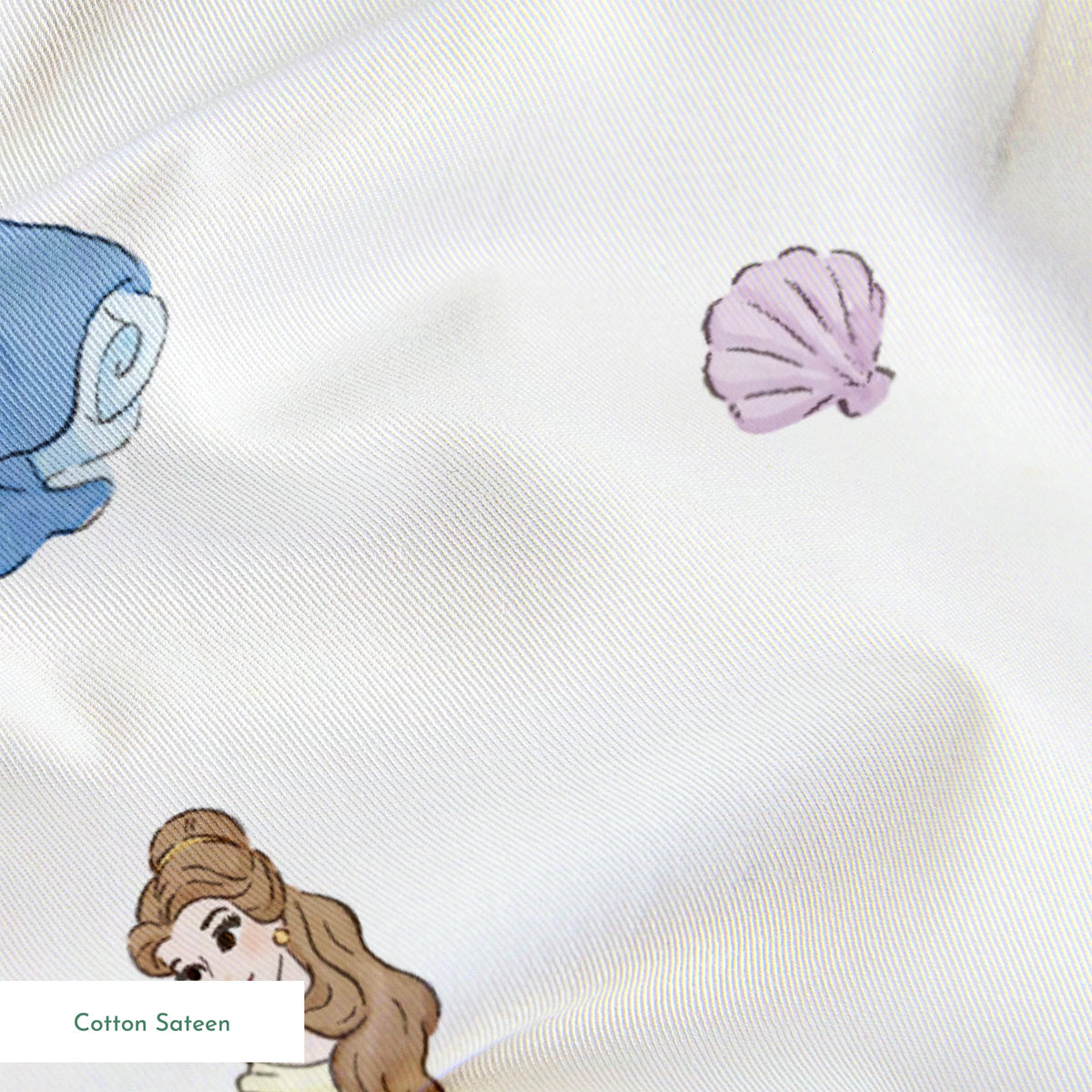 Disney princesses pattern with yellow gown, mermaid with tail, purple dress, roses and shells on light blue background. springs sateen texture