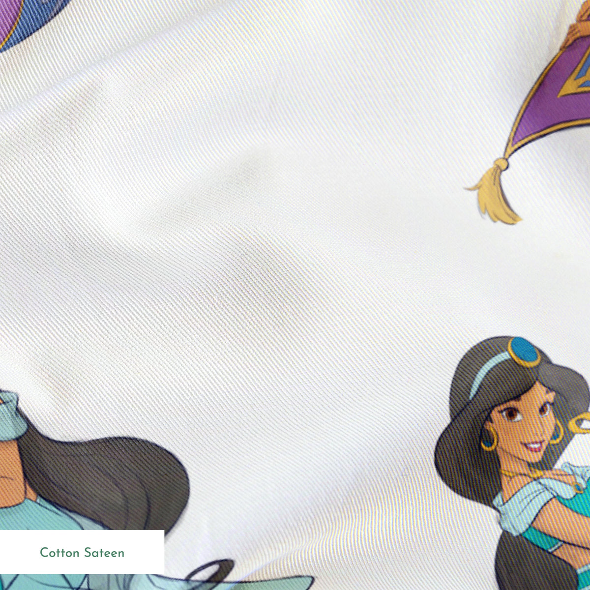 Cartoon pattern featuring a princess in teal outfit with long black hair in various poses with a magic carpet and tiger springs sateen texture