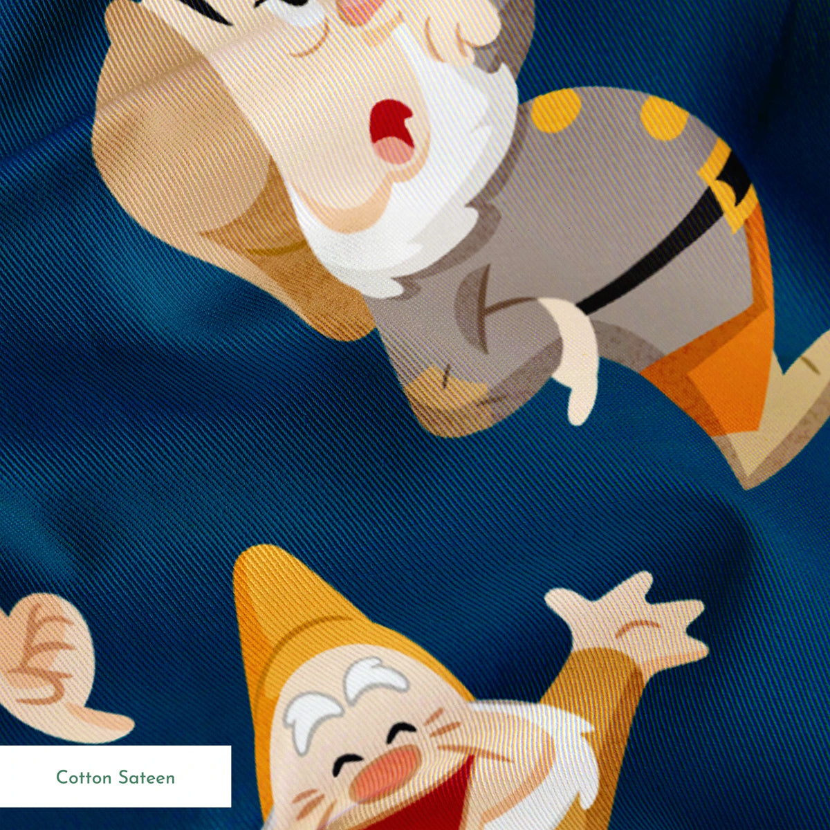 Colorful pattern of cartoon dwarfs in various outfits and poses on a deep blue background springs sateen texture