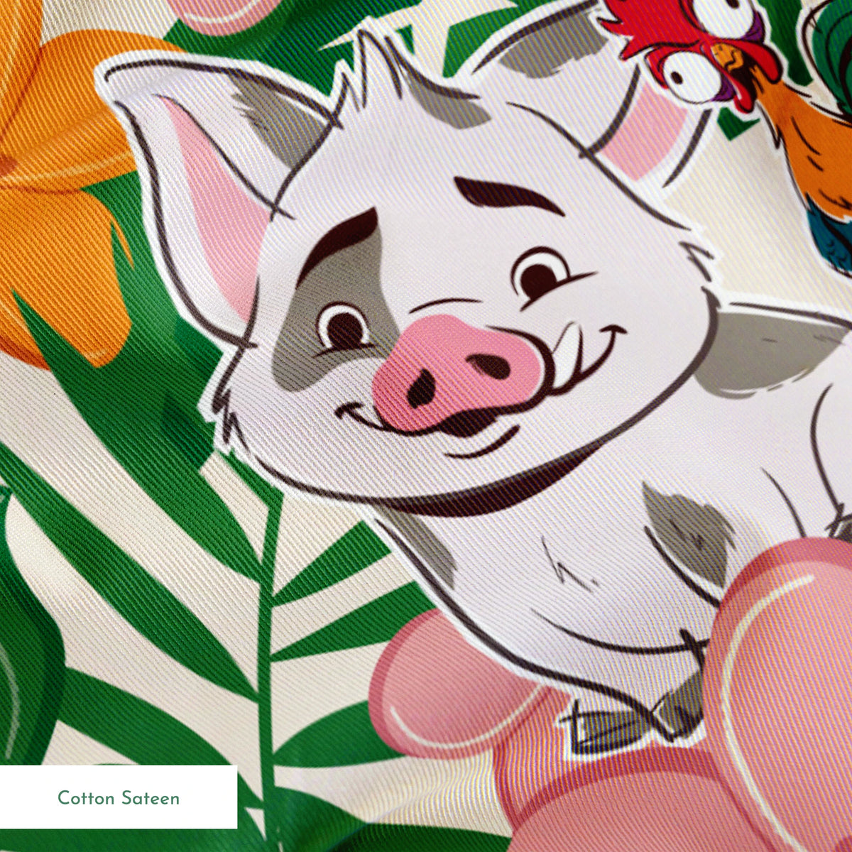Cartoon pigs peeking through vibrant tropical flowers in red, orange, yellow, and pink among green foliage springs sateen texture